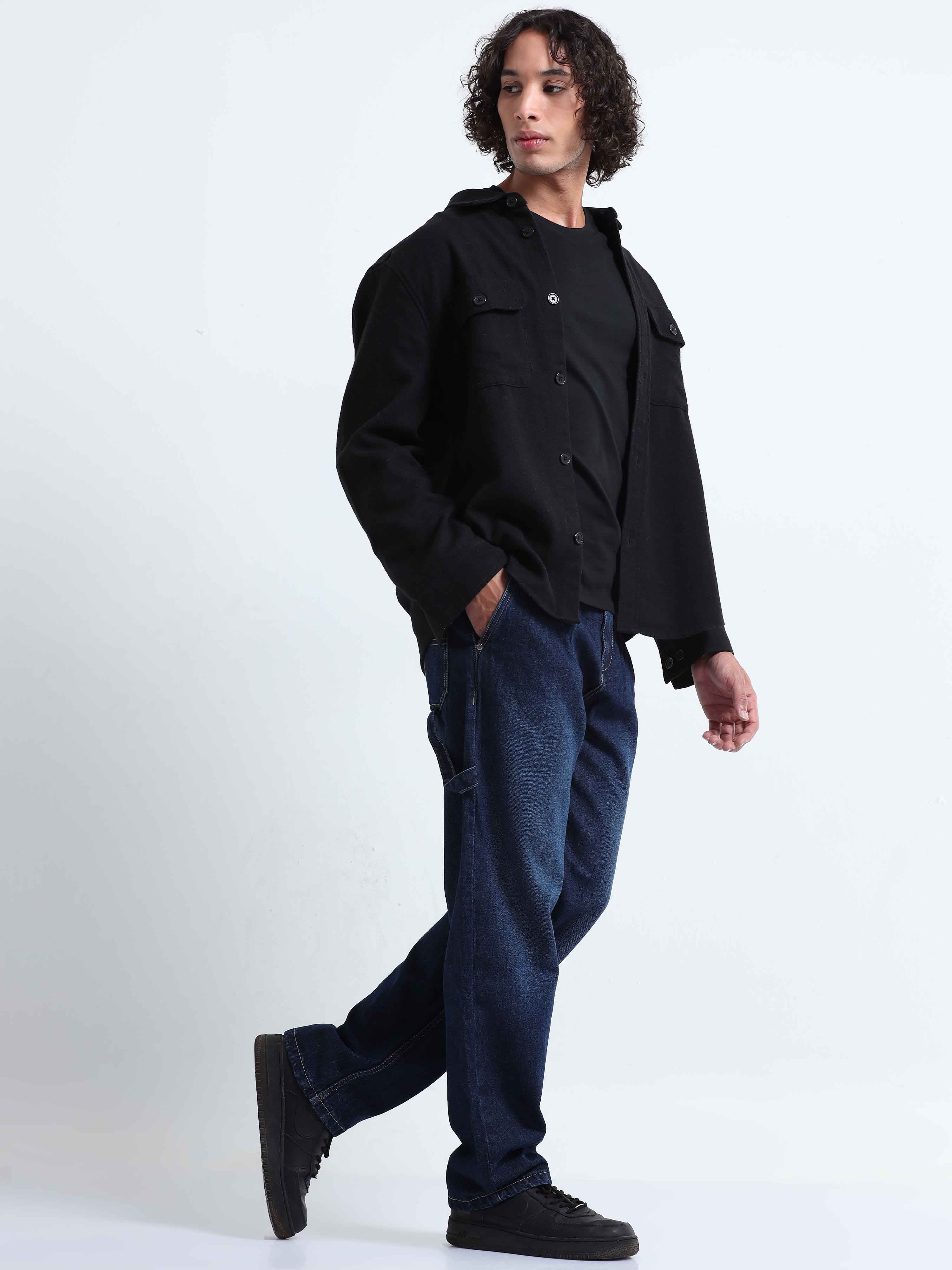 Dark Blue Relaxed Pleated Denim for Men