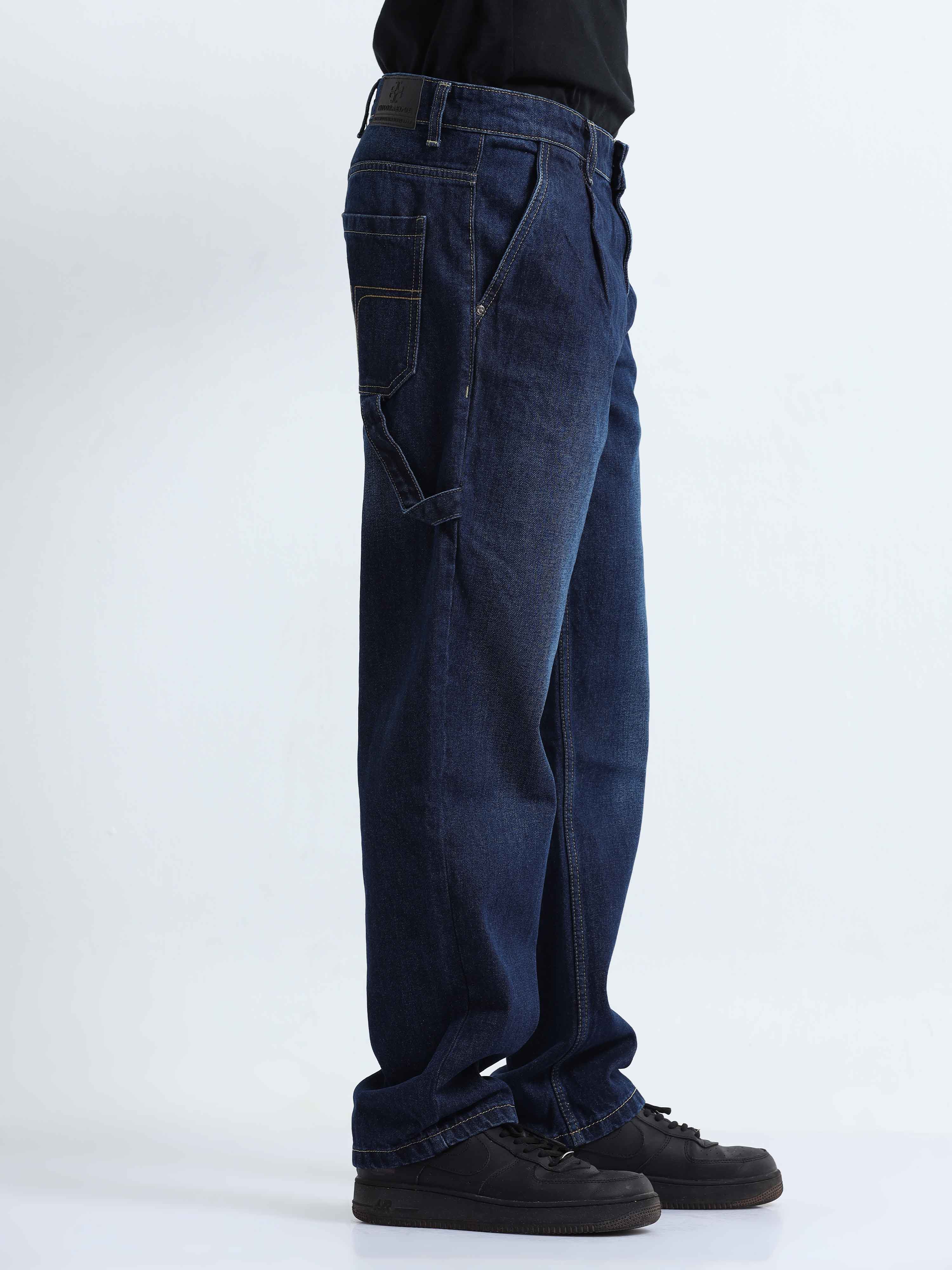 Dark Blue Relaxed Pleated Denim for Men