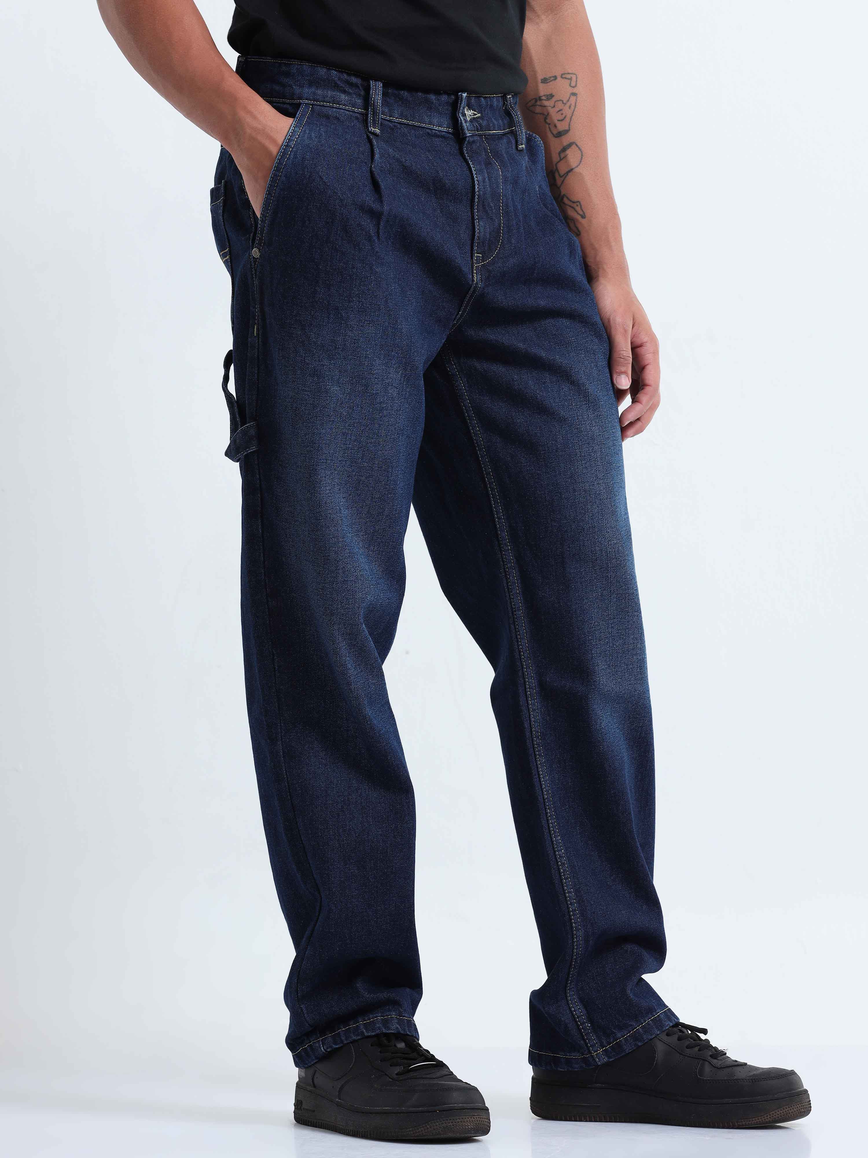 Dark Blue Relaxed Pleated Denim for Men