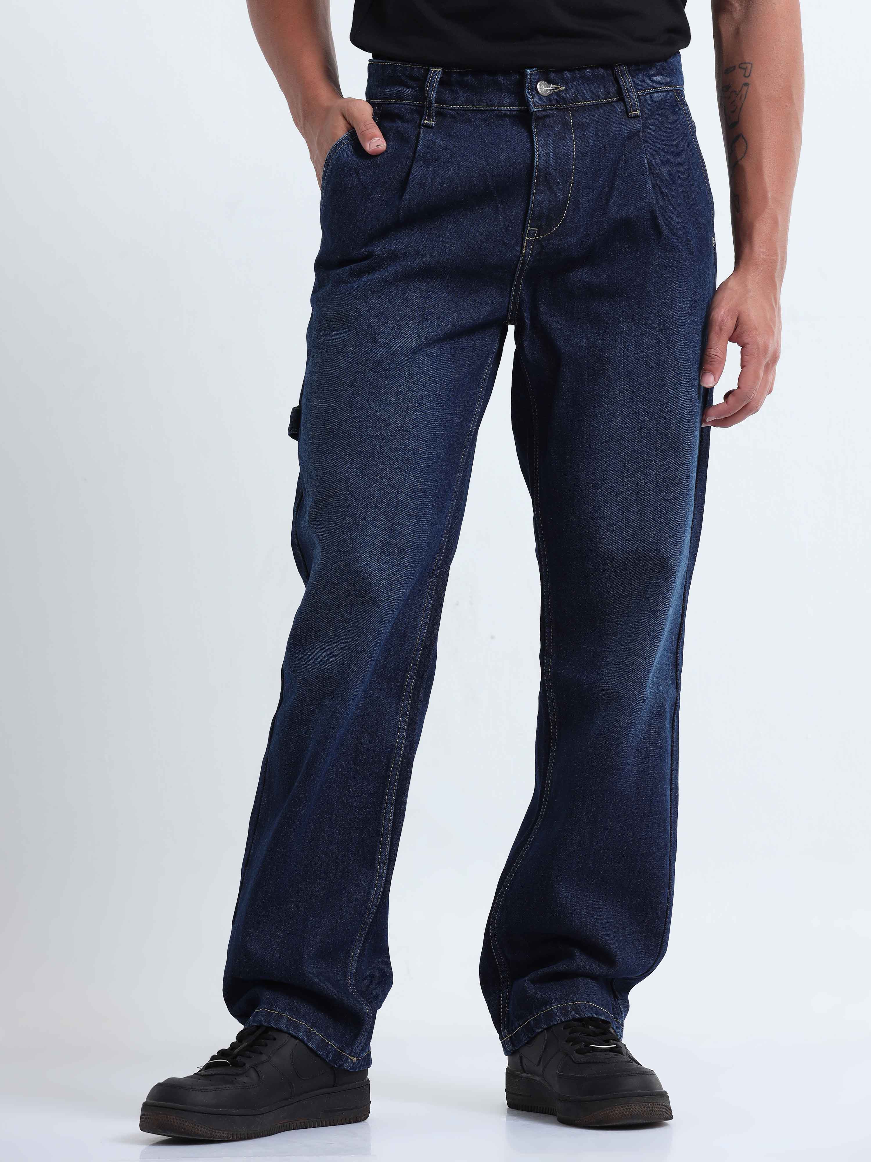   Dark Blue Relaxed Pleated Denim for Men 