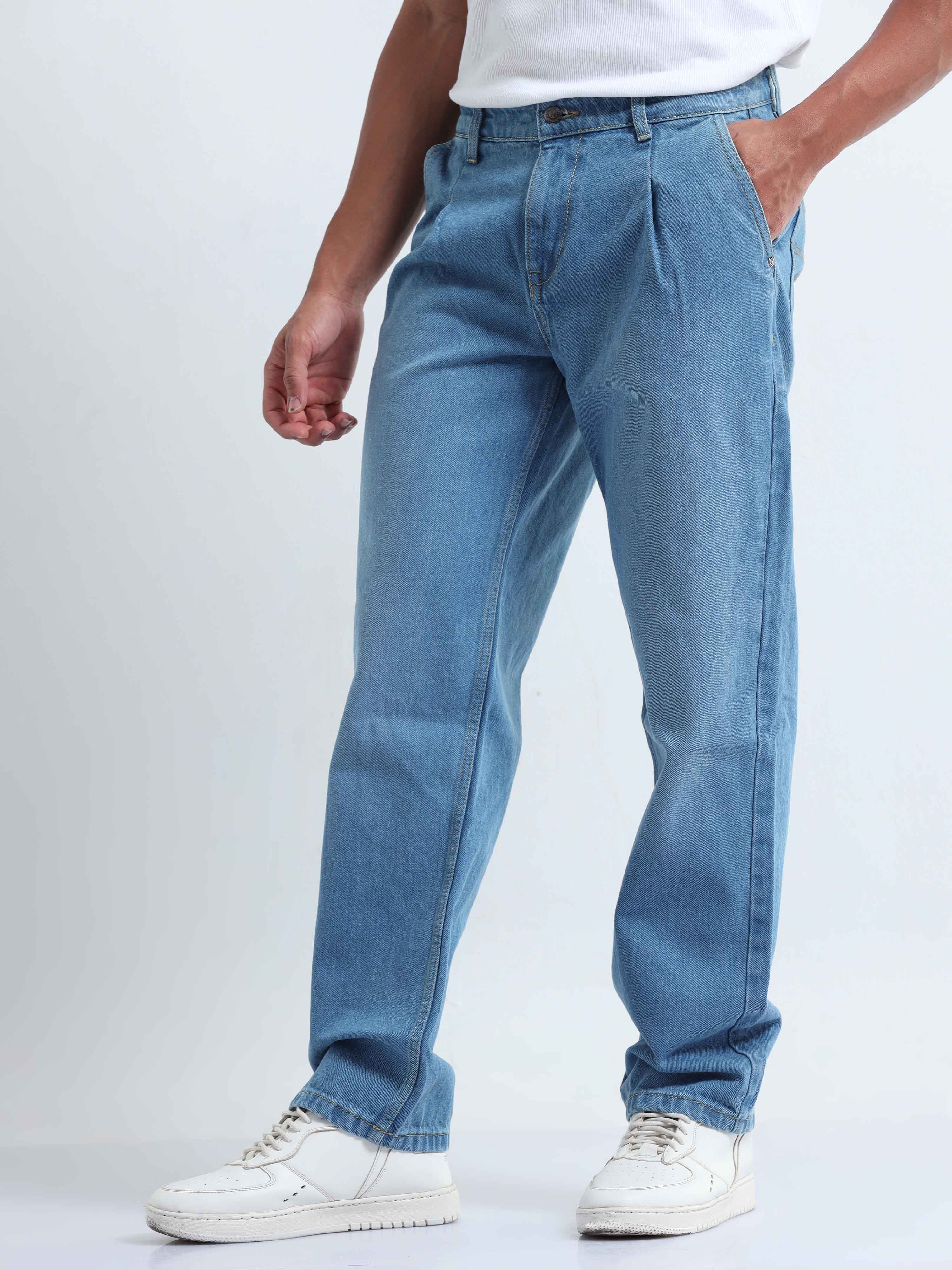  Mid Blue Relaxed  Pleated Denim for Men 