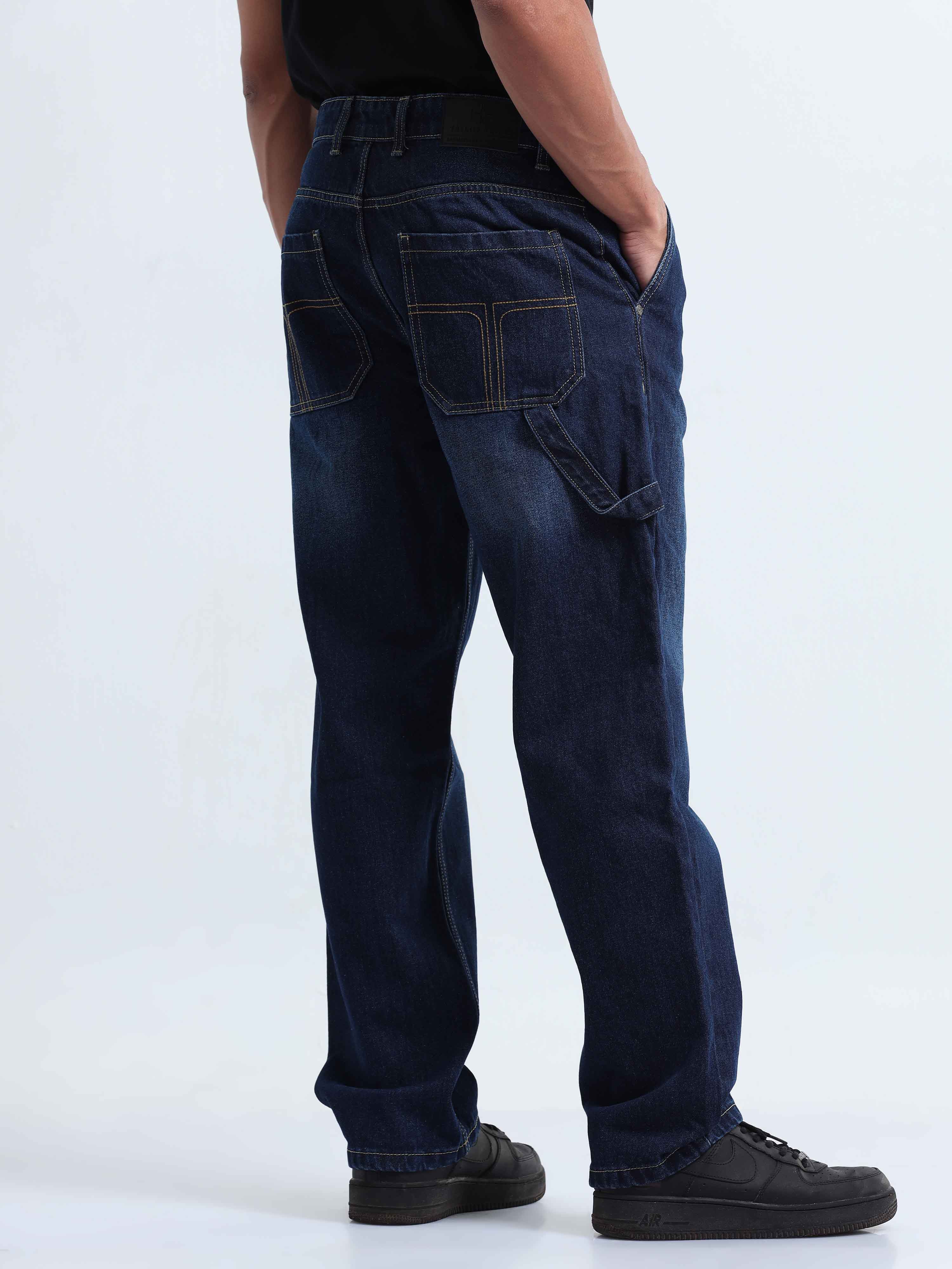 Dark Blue Relaxed Pleated Denim for Men