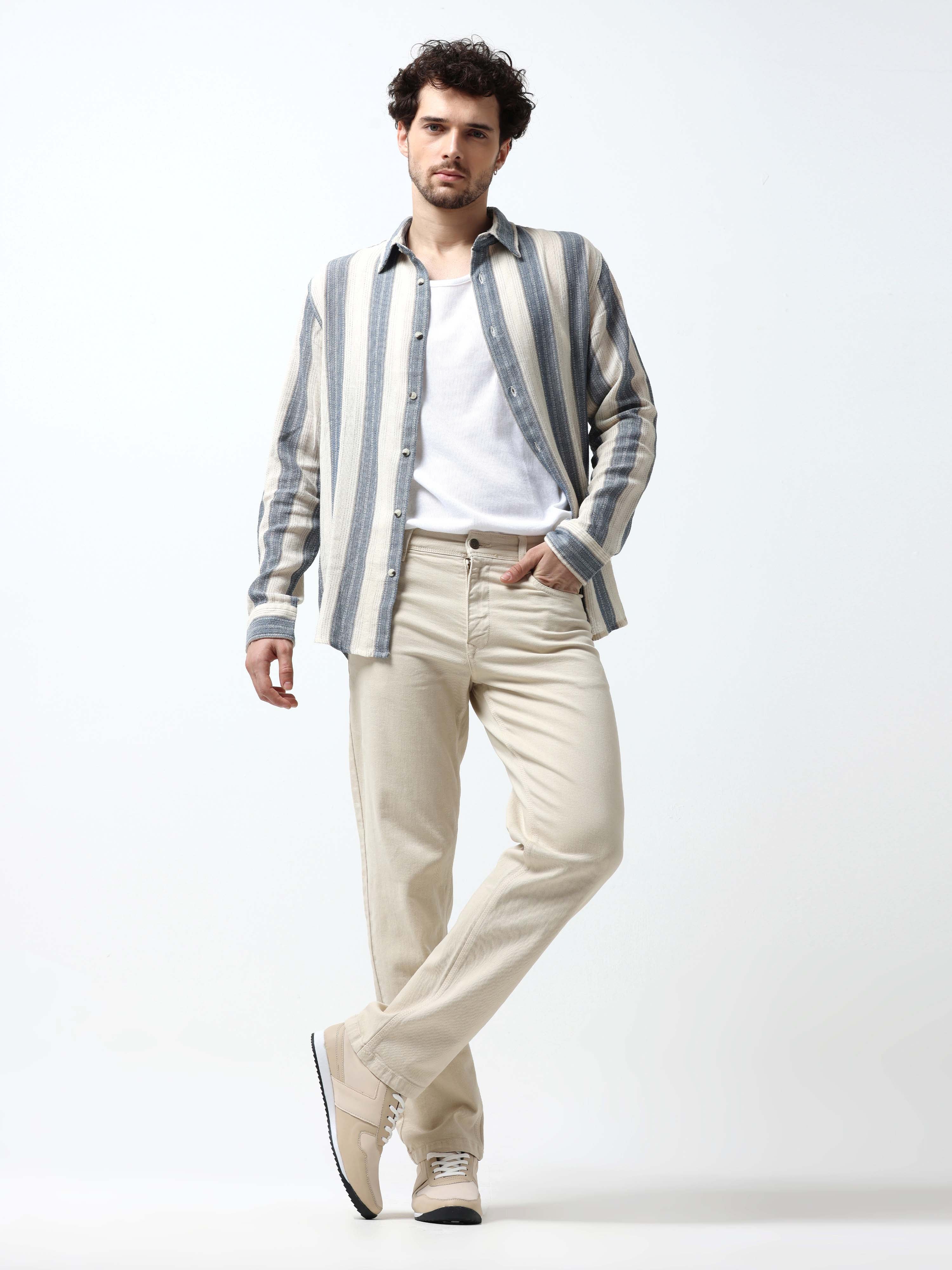 Vintage Relaxed Fit Beige Cotton Denim