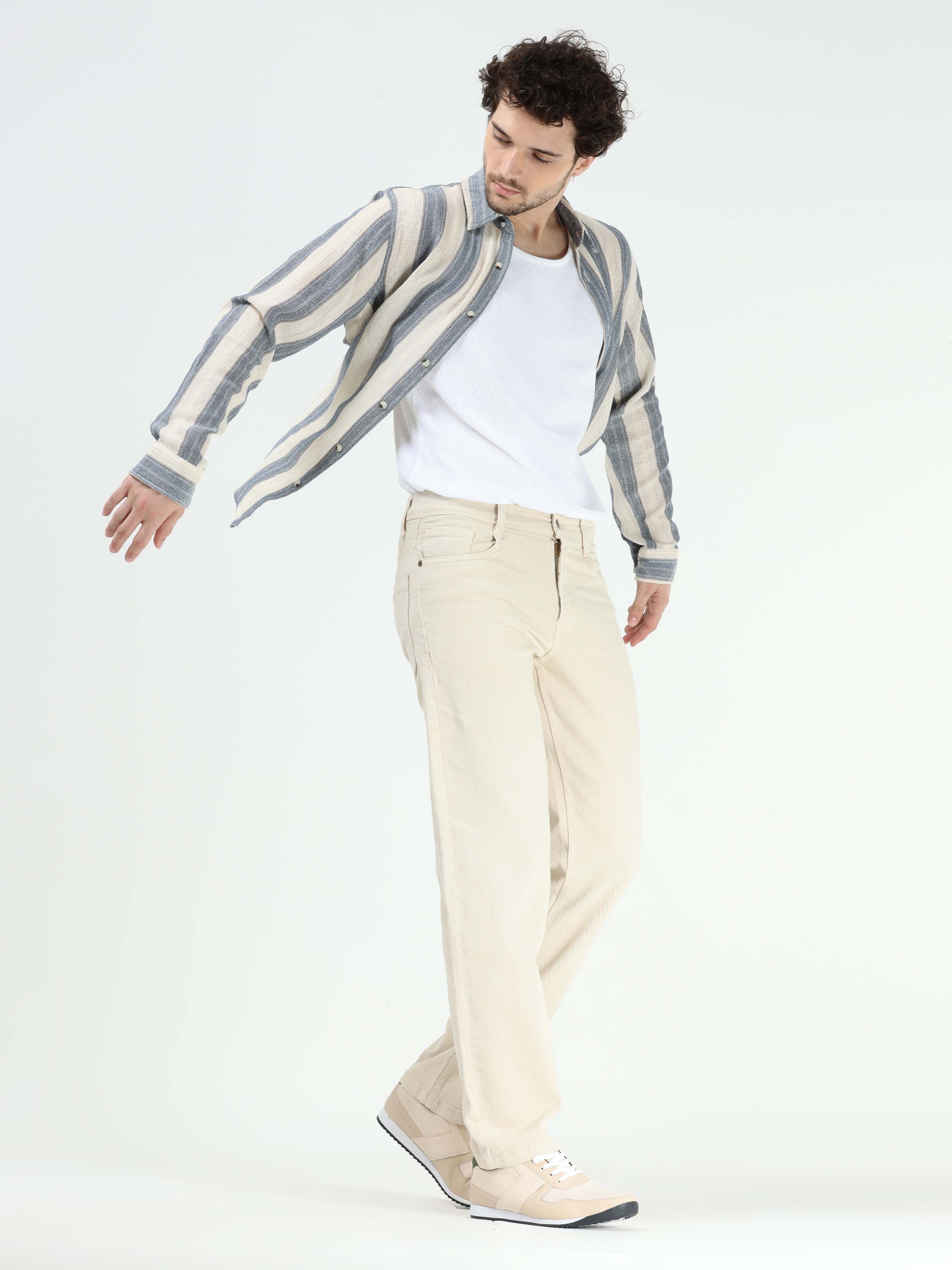 Vintage Relaxed Fit Beige Cotton Denim