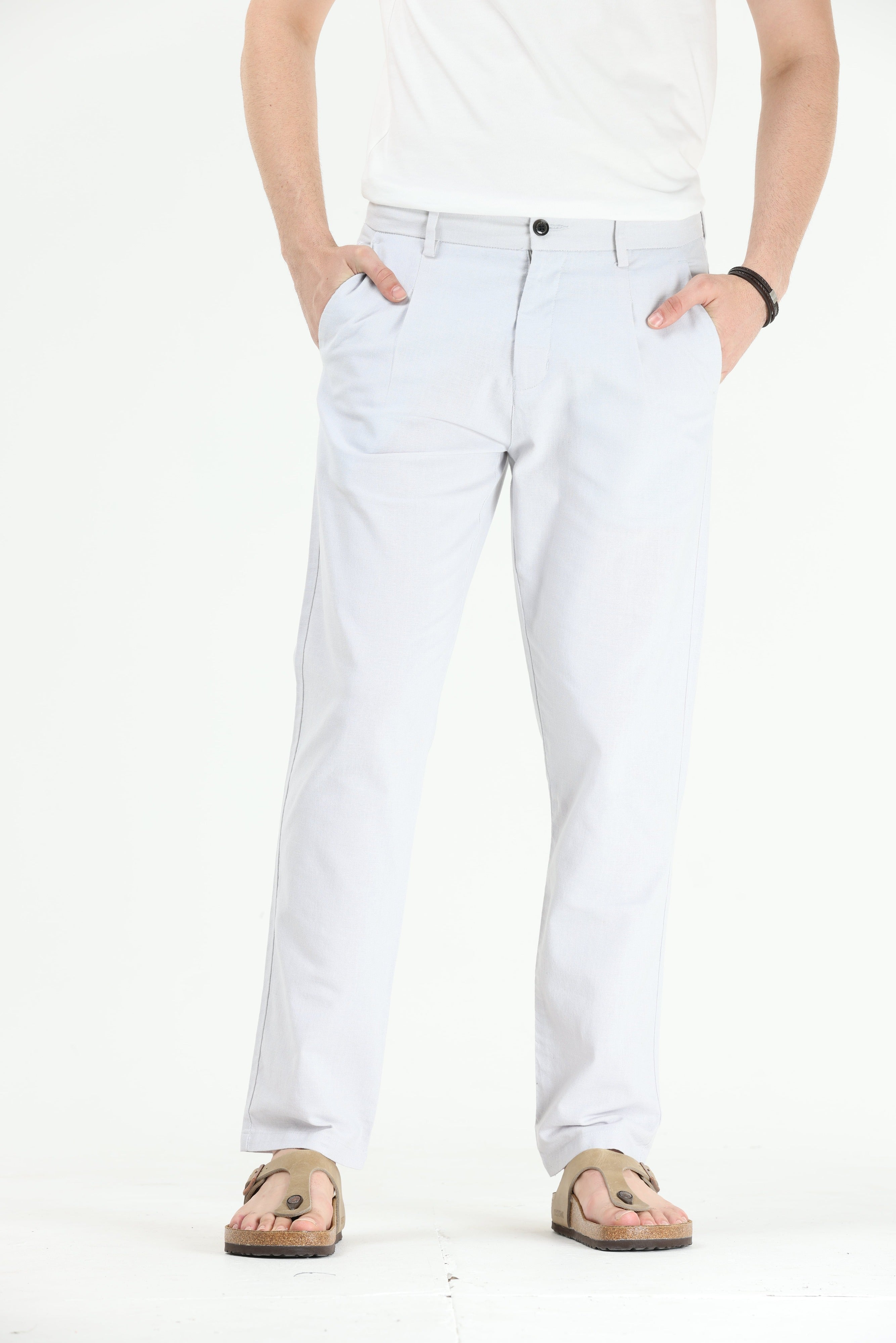 Raw Slub Powder White Pleated Pant cotton linen trousers
