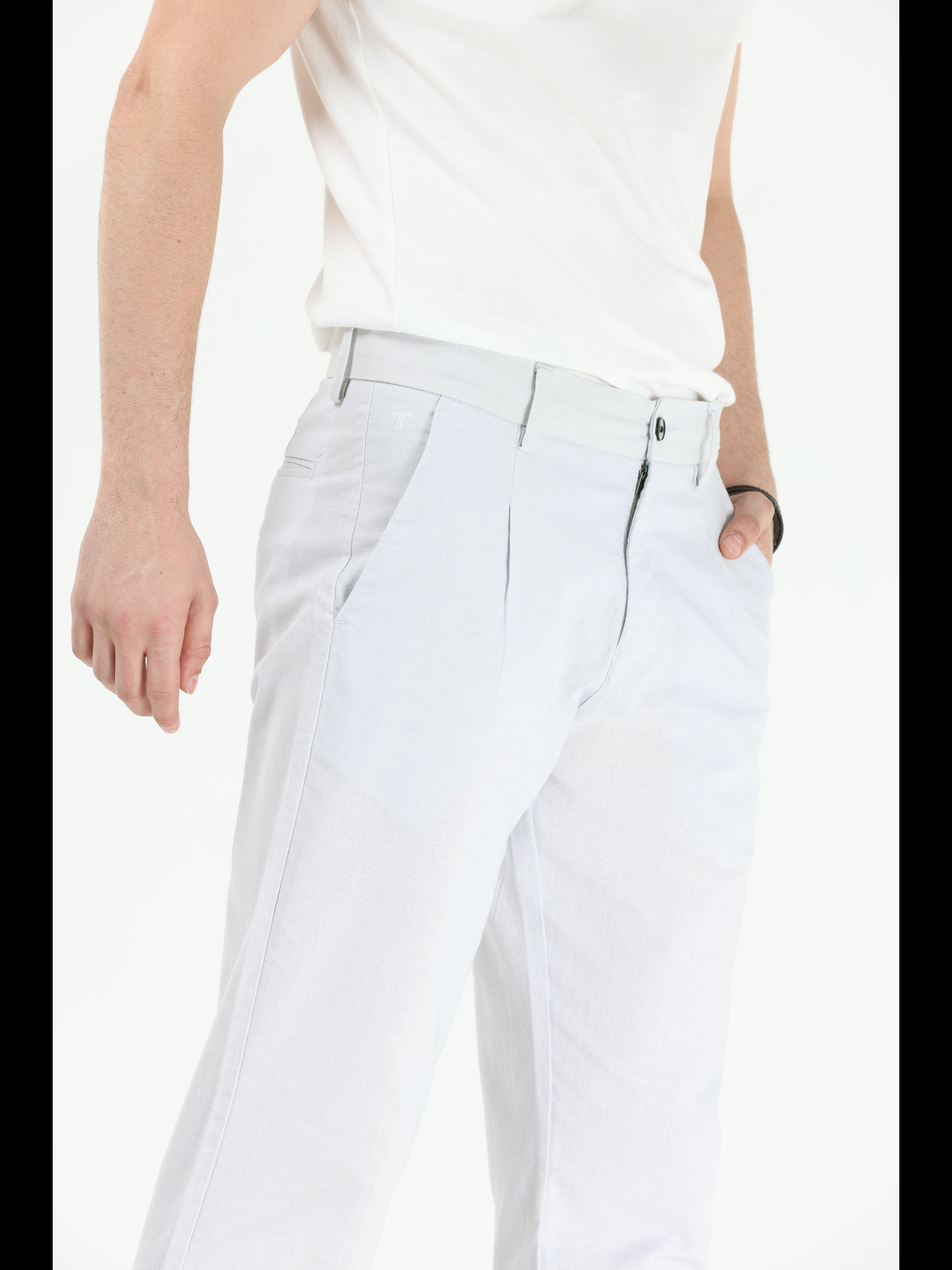 Raw Slub Powder White Pleated Pant cotton linen trousers