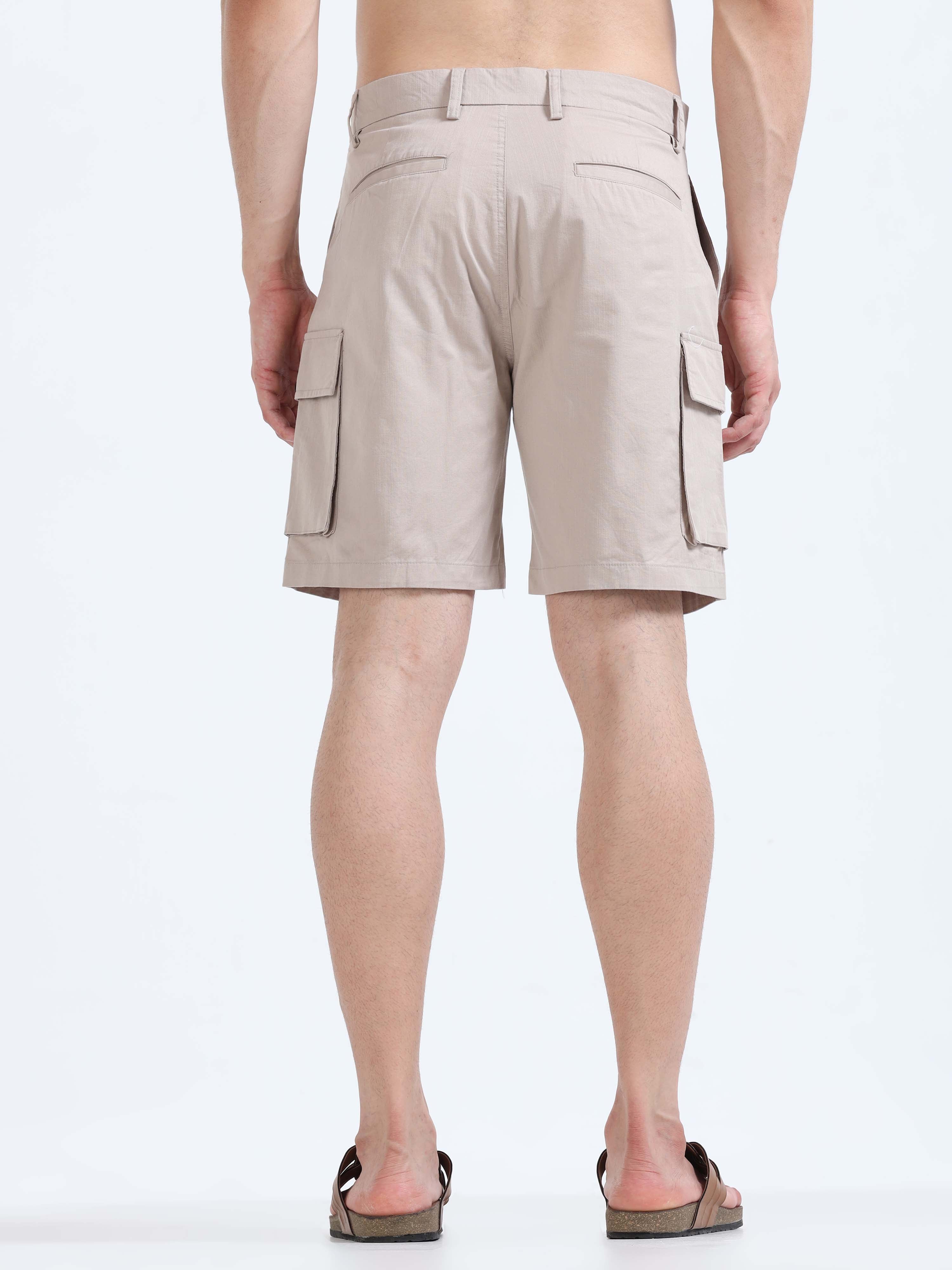Soft Cotton Pleated Beige Cargo Shorts for Men