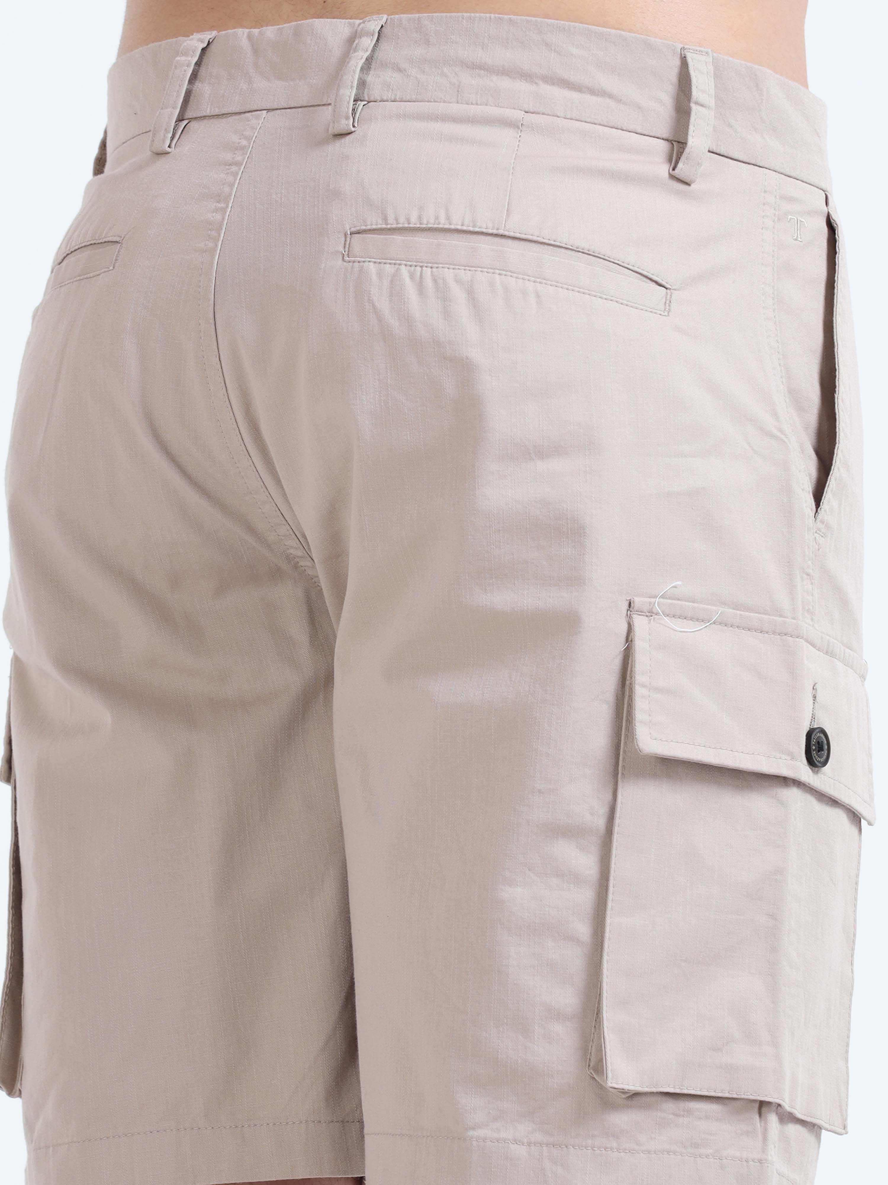 Soft Cotton Pleated Beige Cargo Shorts for Men