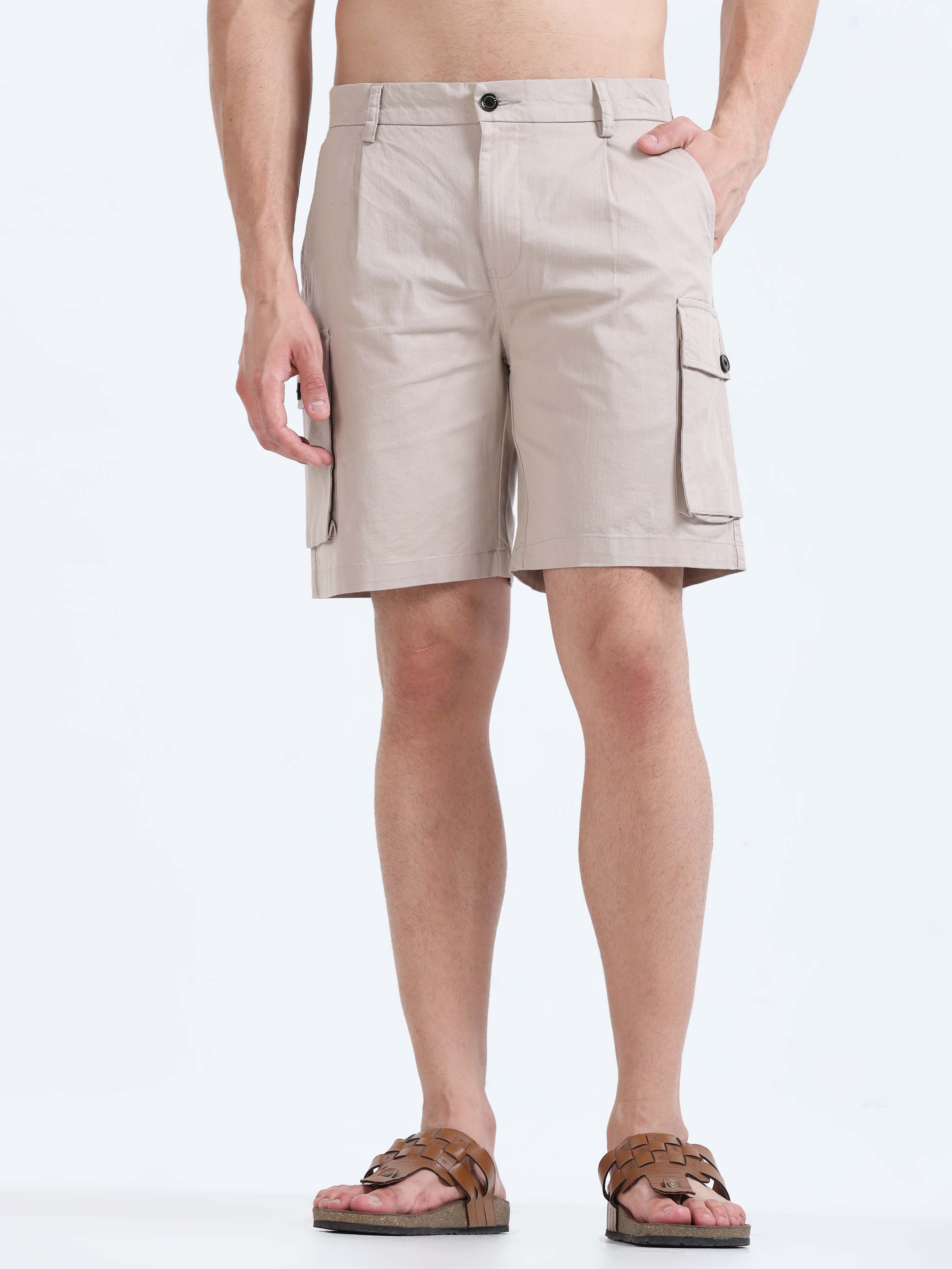 Soft Cotton Pleated Beige Cargo Shorts for Men