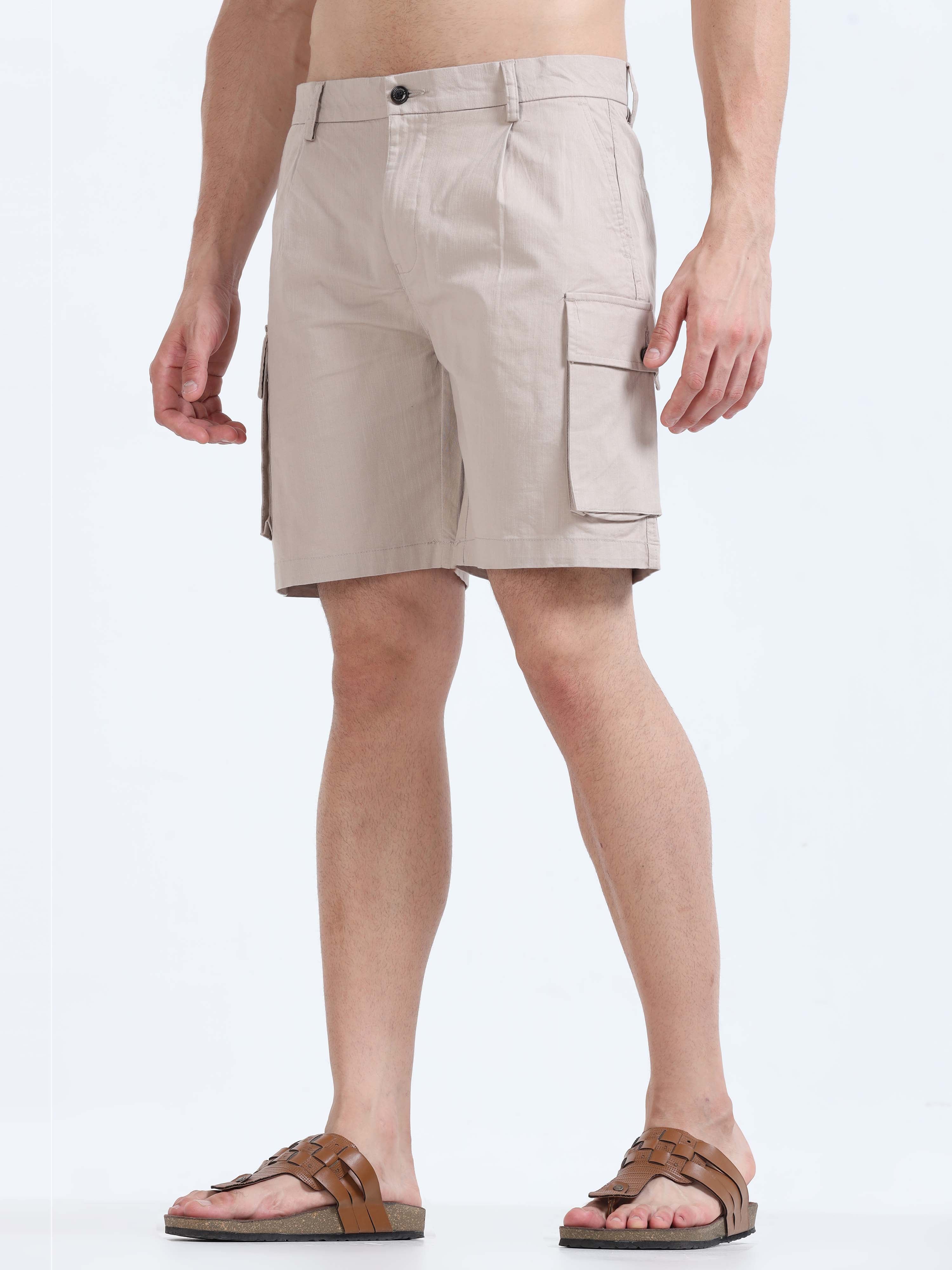 Soft Cotton Pleated Beige Cargo Shorts