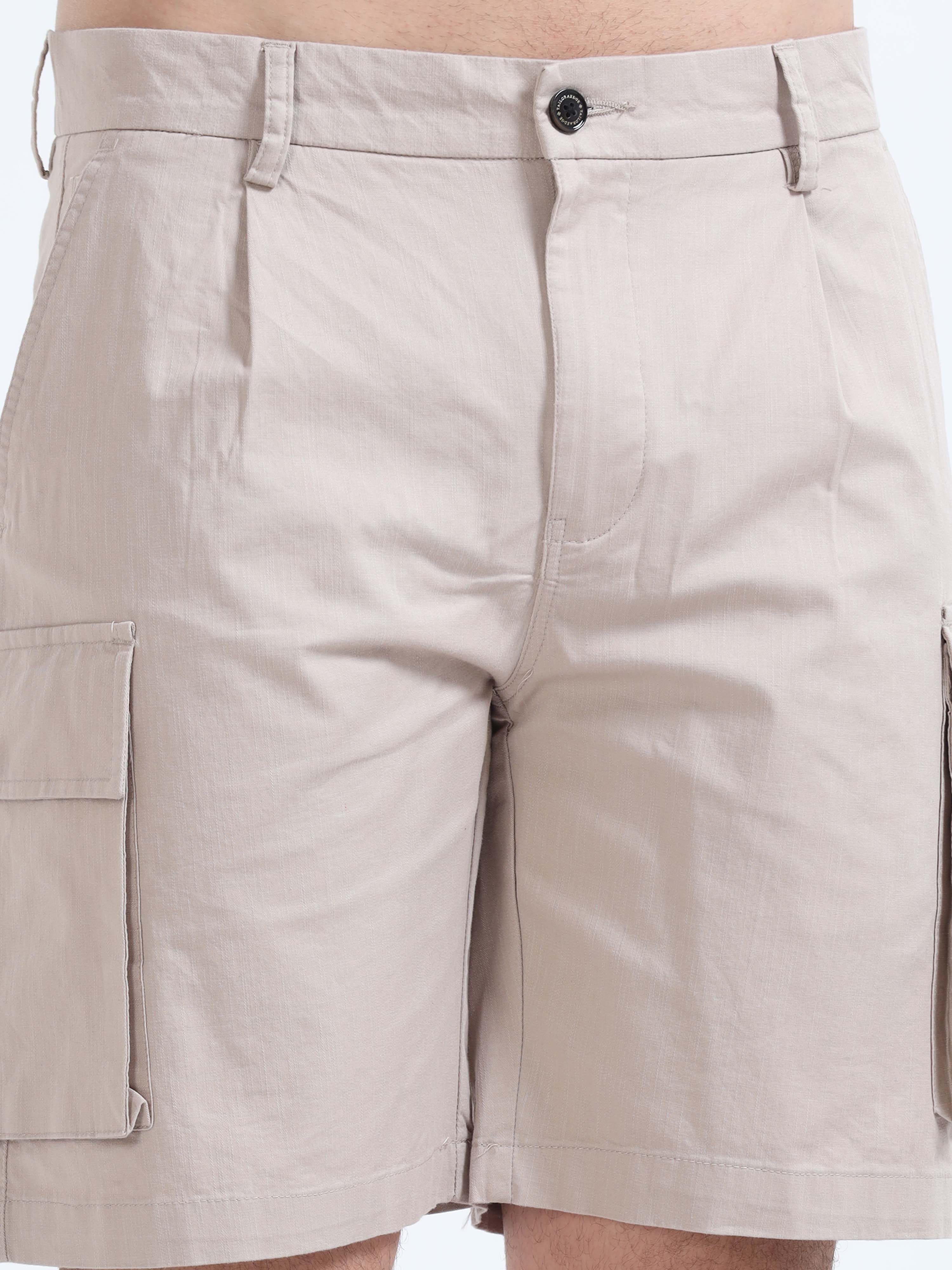 Soft Cotton Pleated Beige Cargo Shorts for Men