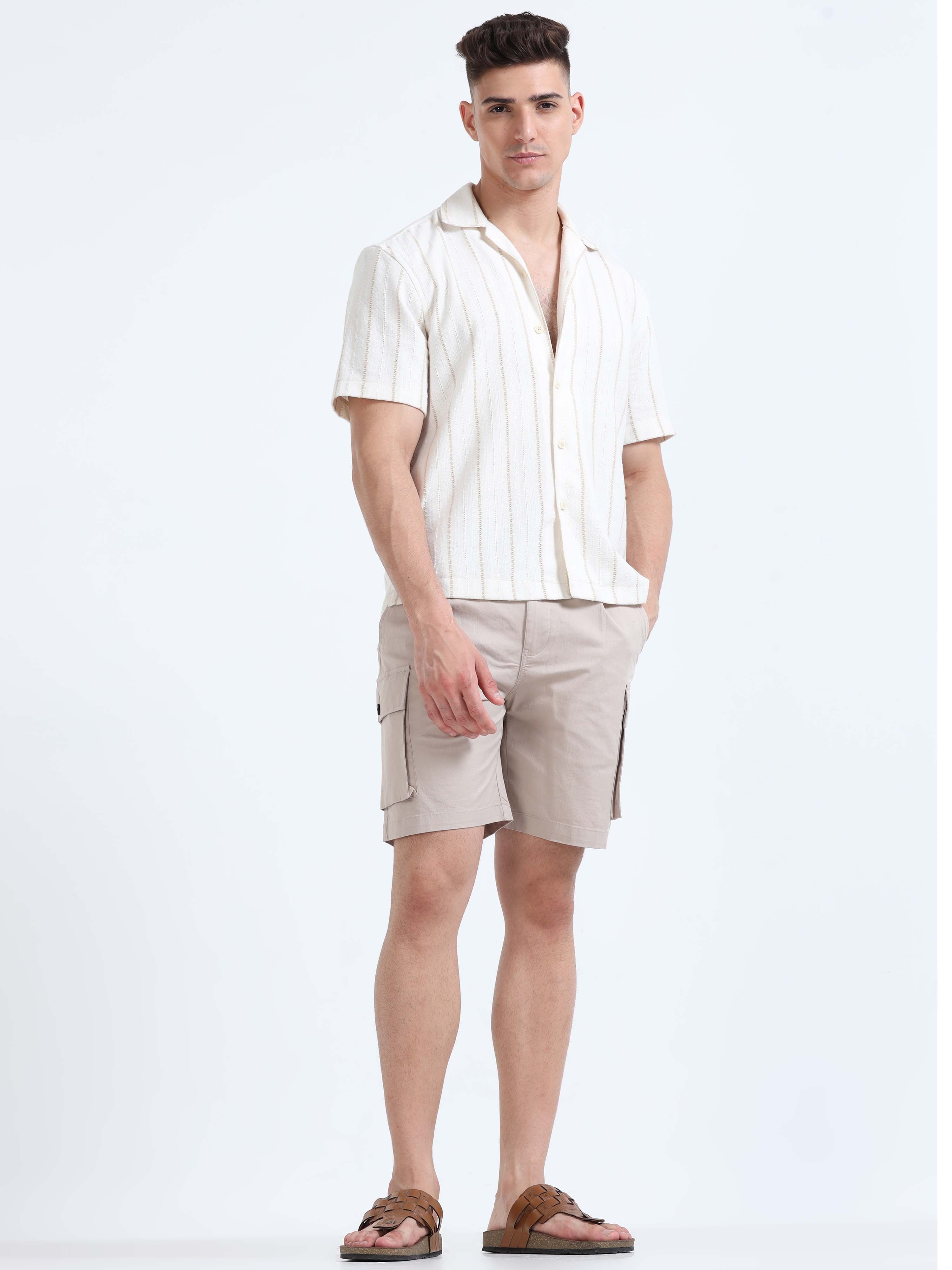 Soft Cotton Pleated Beige Cargo Shorts for Men