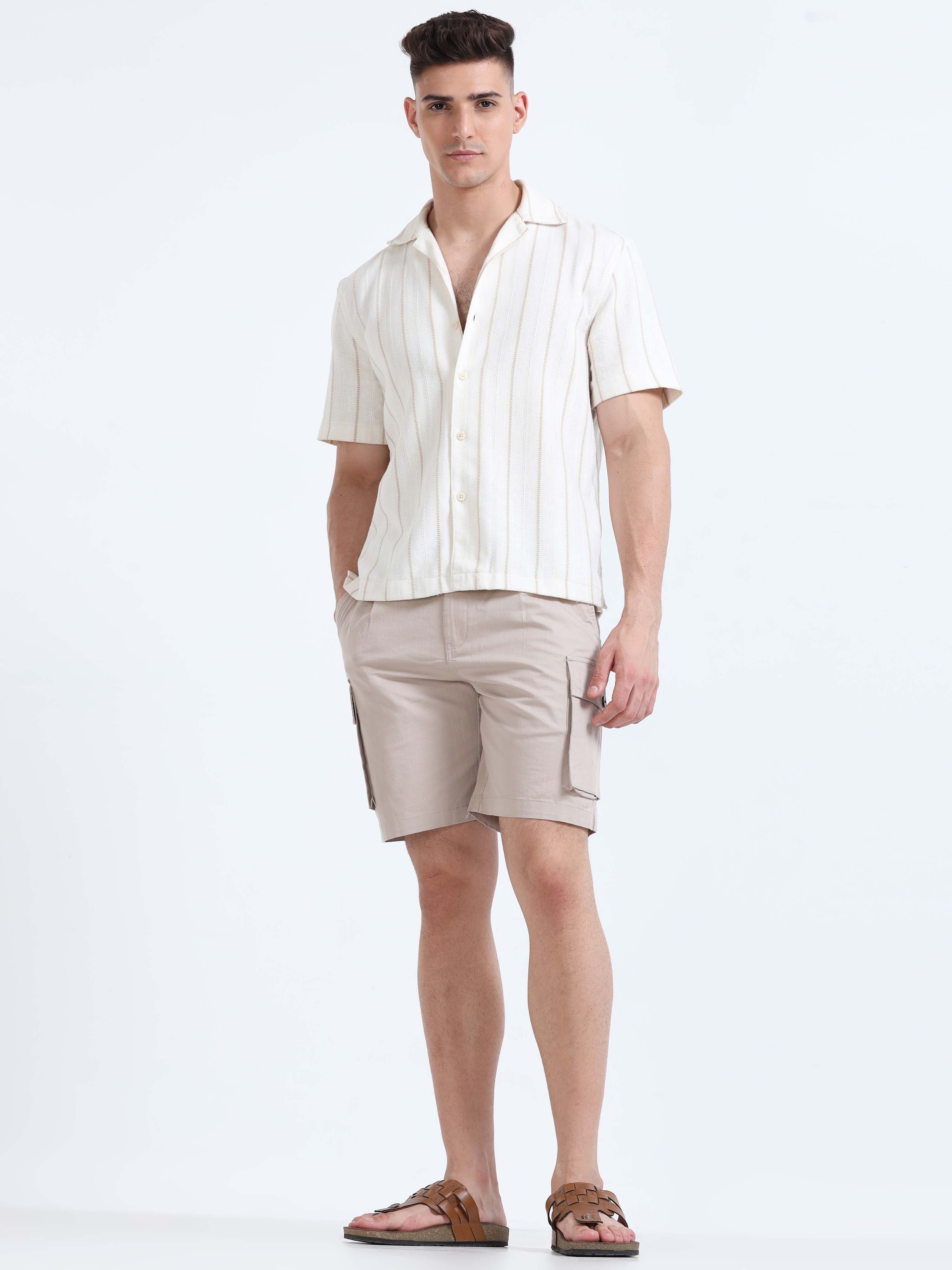Soft Cotton Pleated Beige Cargo Shorts for Men