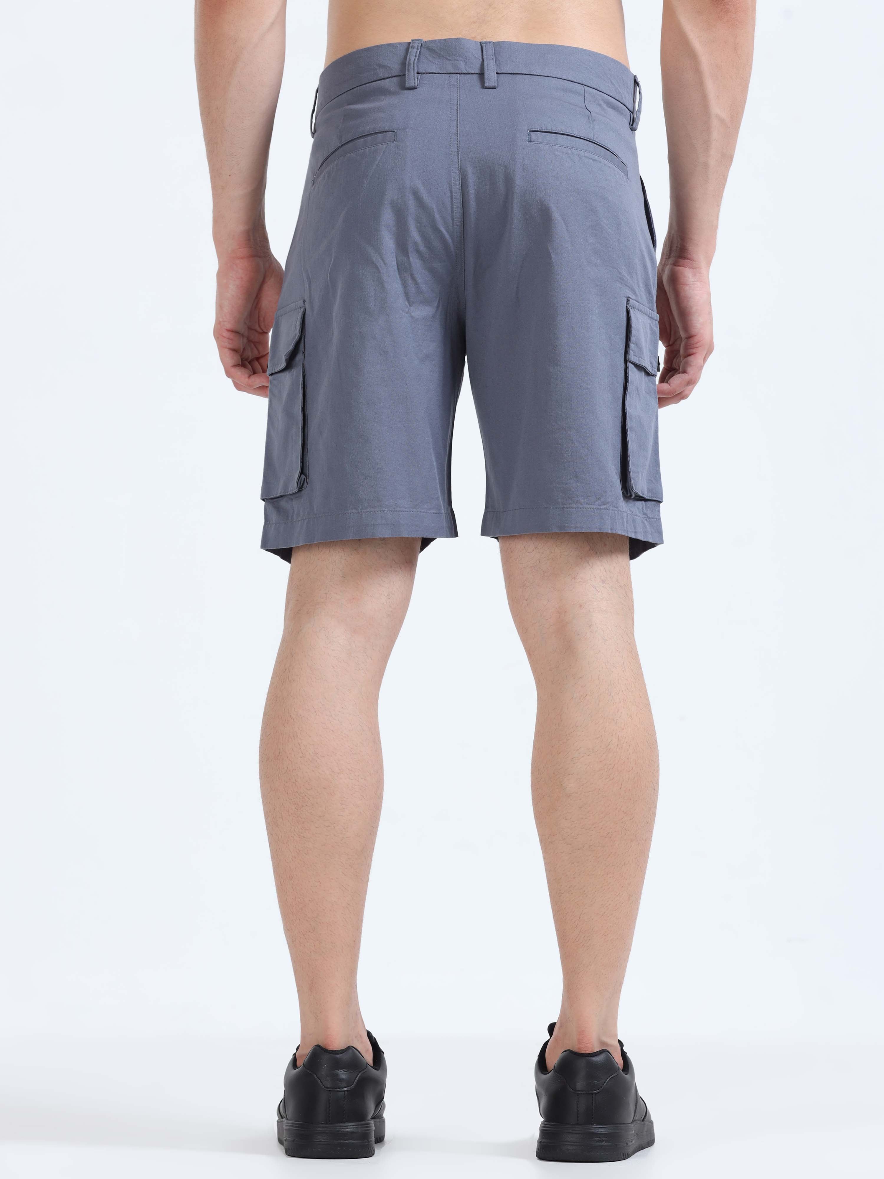Soft Cotton Pleated Stone Blue Cargo Shorts for Men