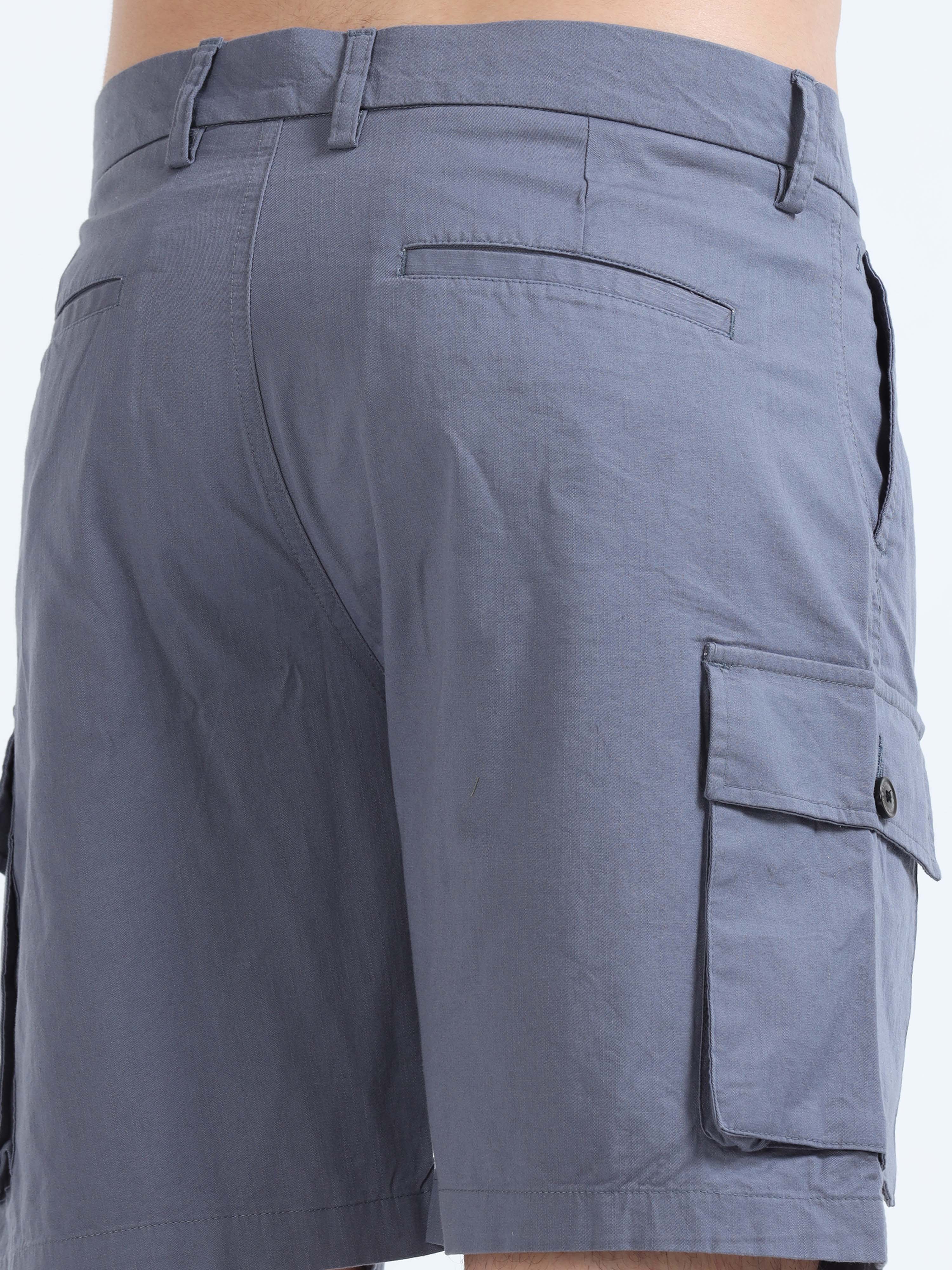 Soft Cotton Pleated Stone Blue Cargo Shorts for Men