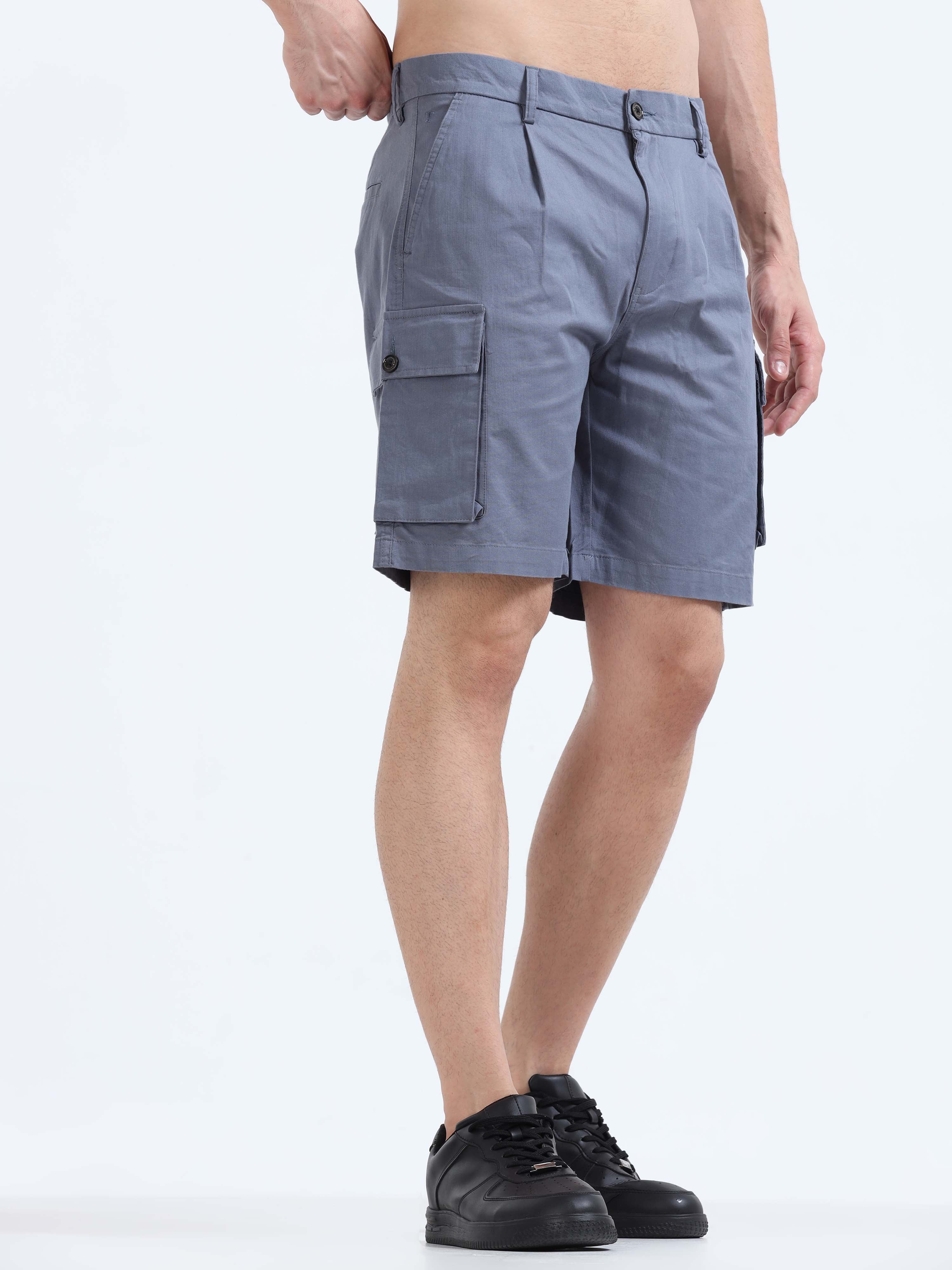 Soft Cotton Pleated Stone Blue Cargo Shorts for Men