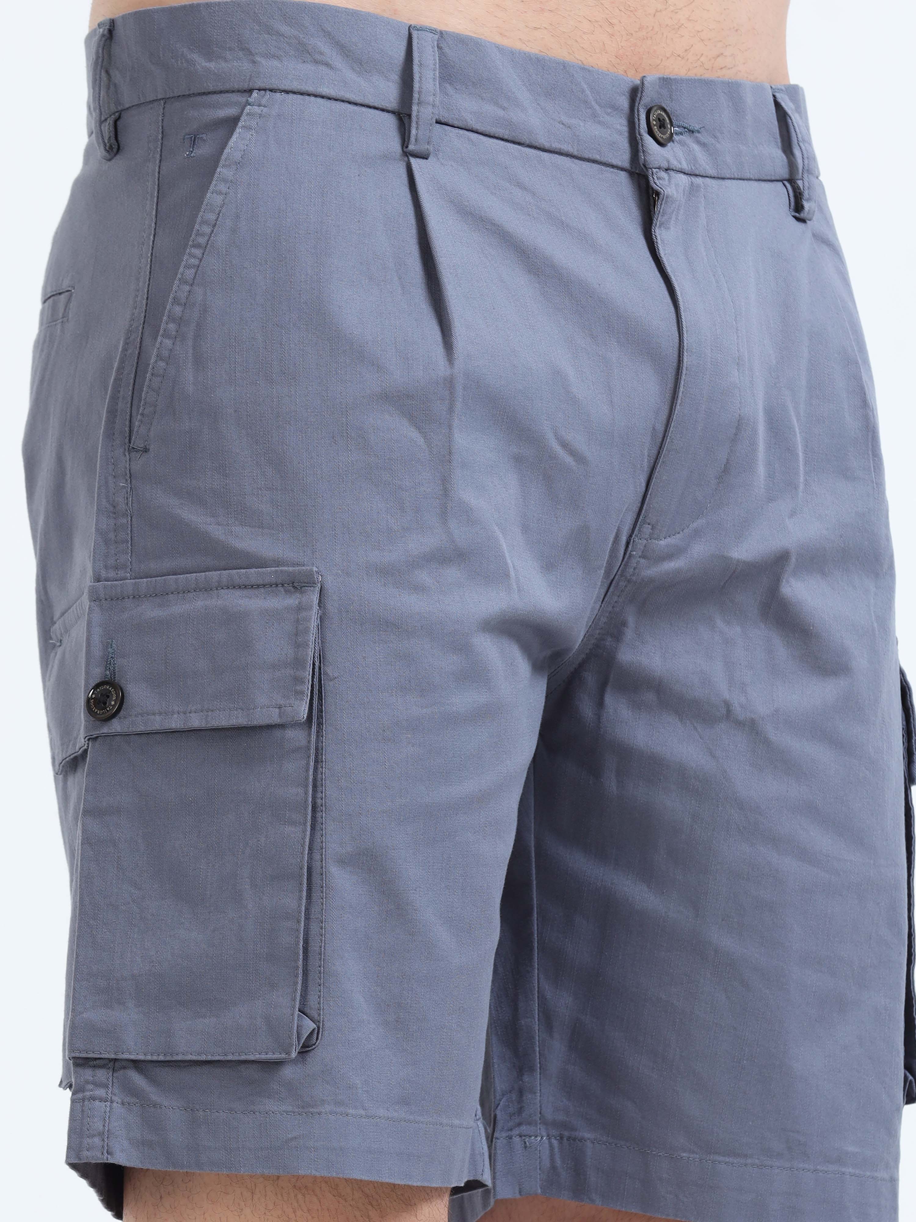 Soft Cotton Pleated Stone Blue Cargo Shorts for Men