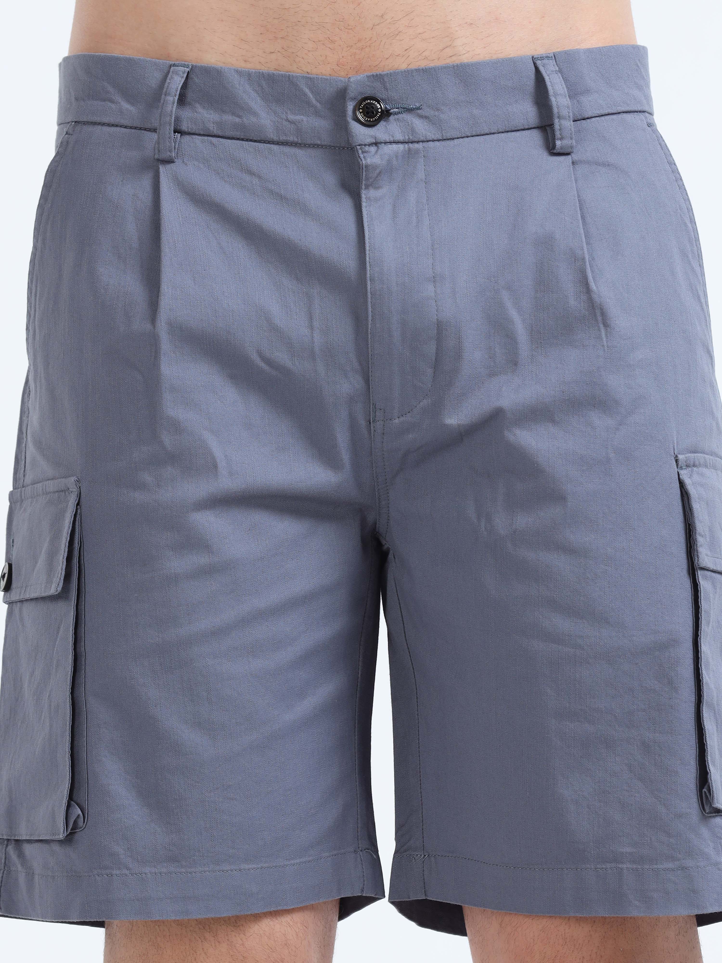 Soft Cotton Pleated Stone Blue Cargo Shorts for Men