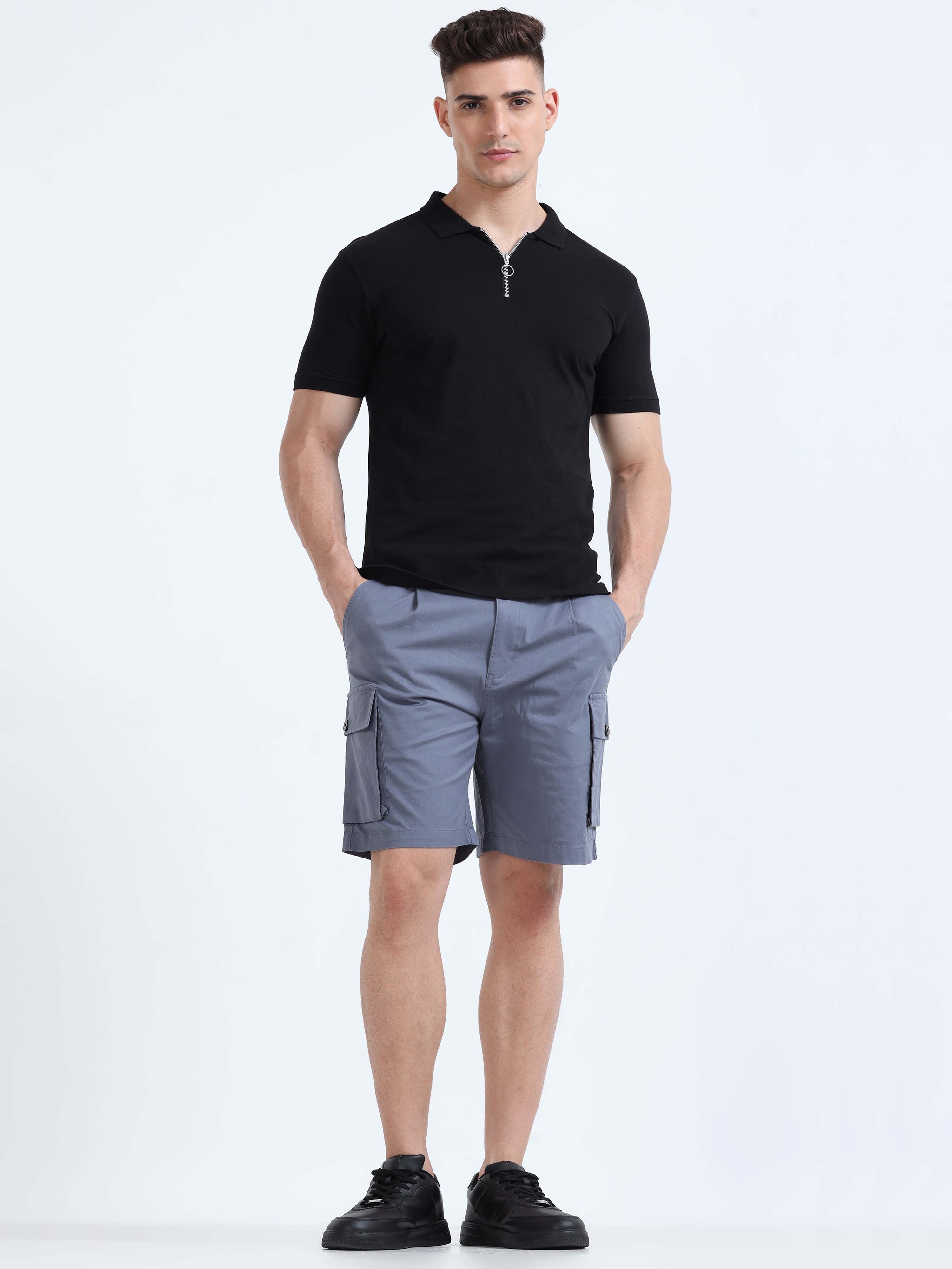 Soft Cotton Pleated Stone Blue Cargo Shorts for Men