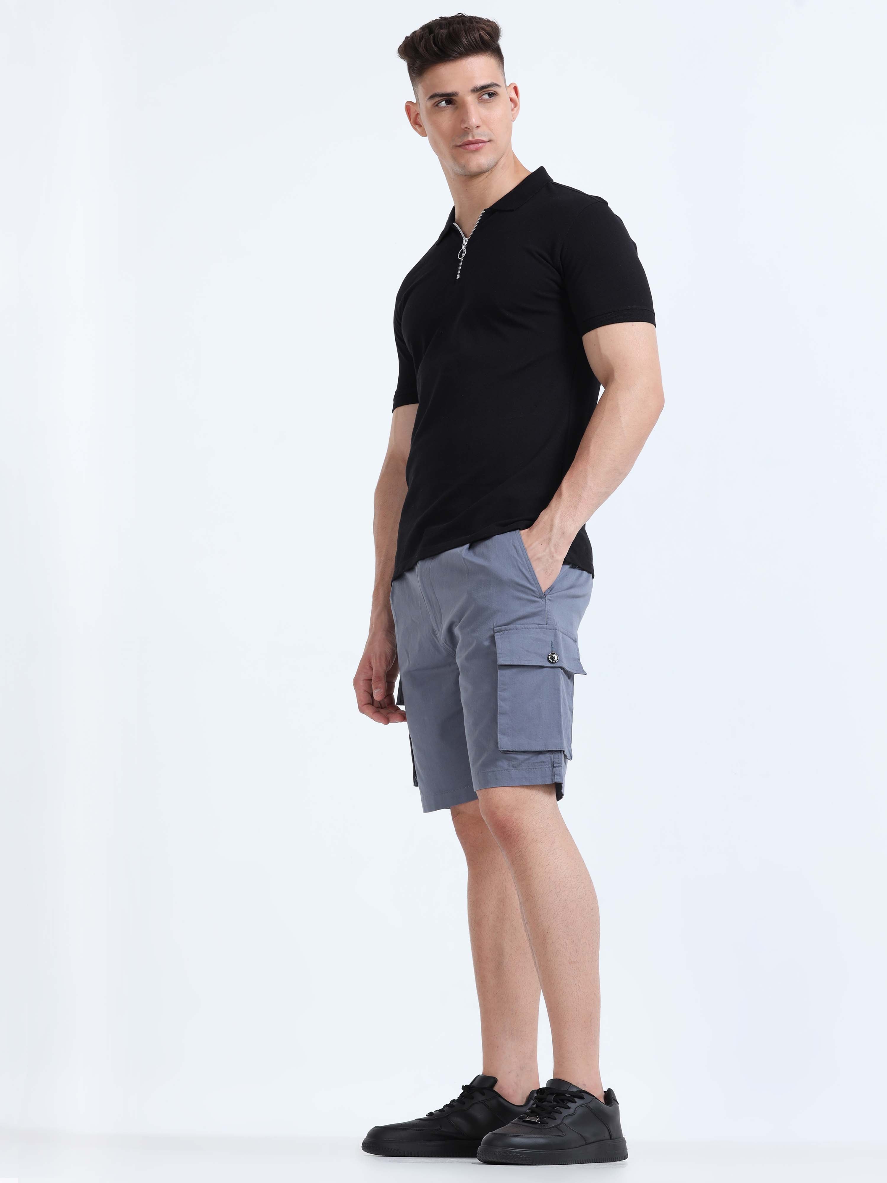 Soft Cotton Pleated Stone Blue Cargo Shorts for Men