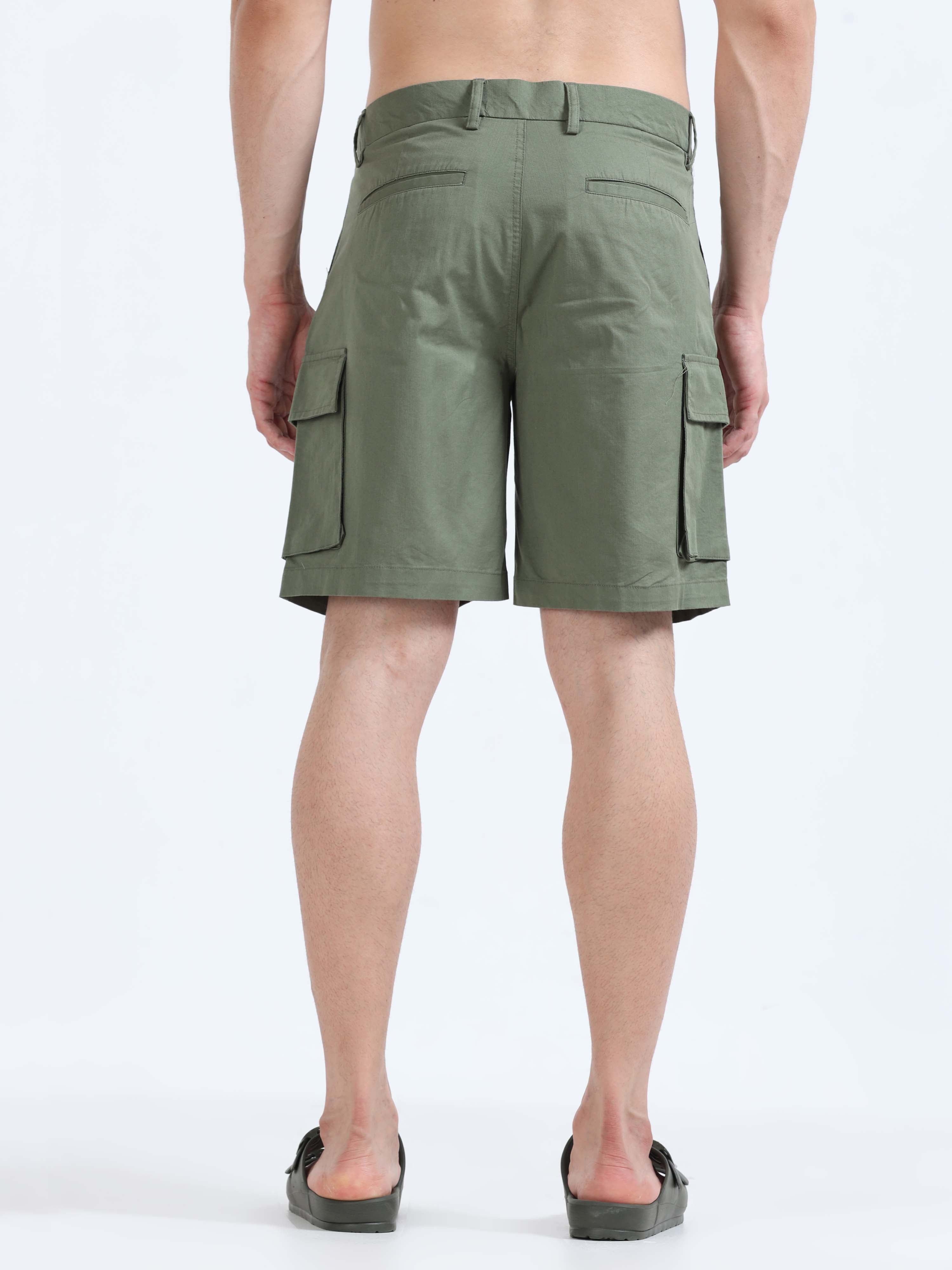 Soft Cotton Pleated Olive Cargo Shorts for men