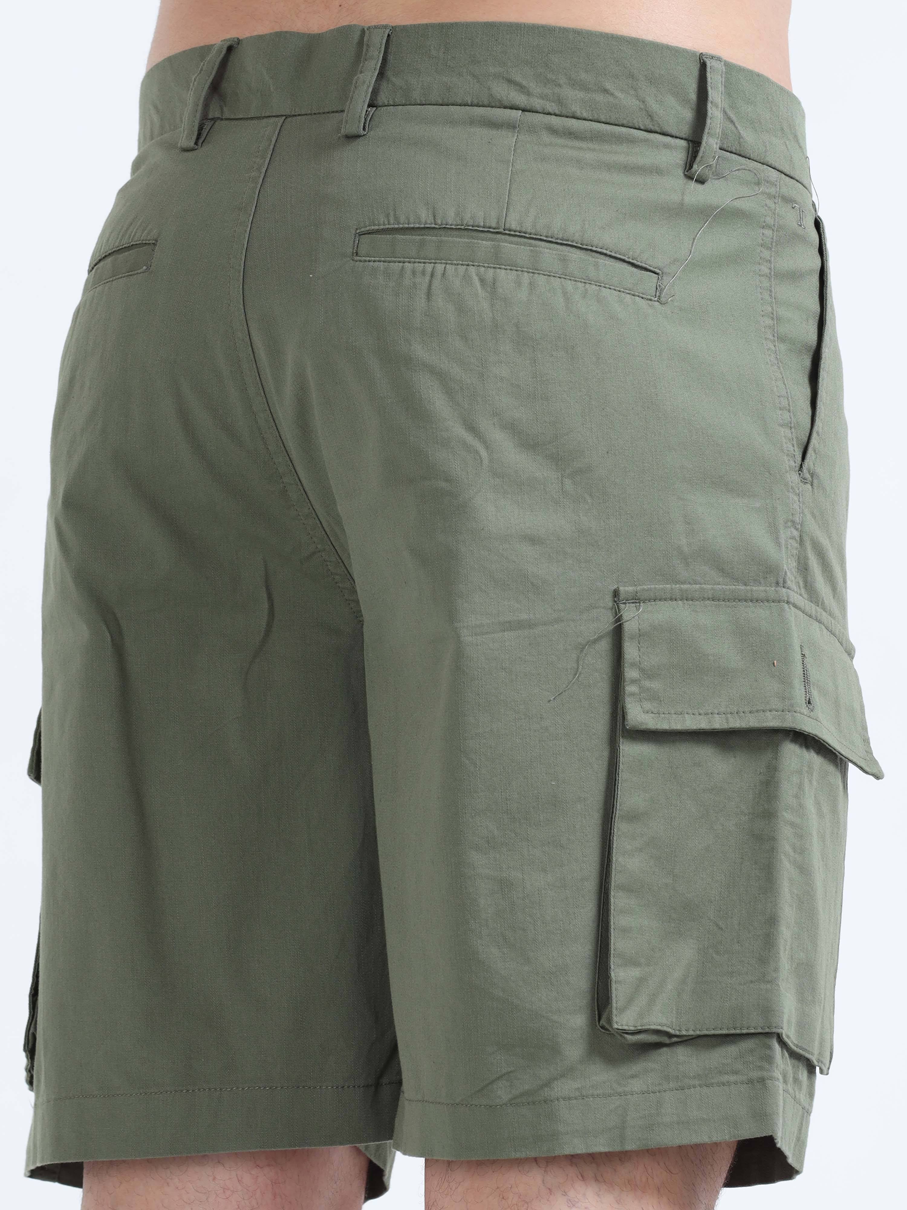 Soft Cotton Pleated Olive Cargo Shorts for men