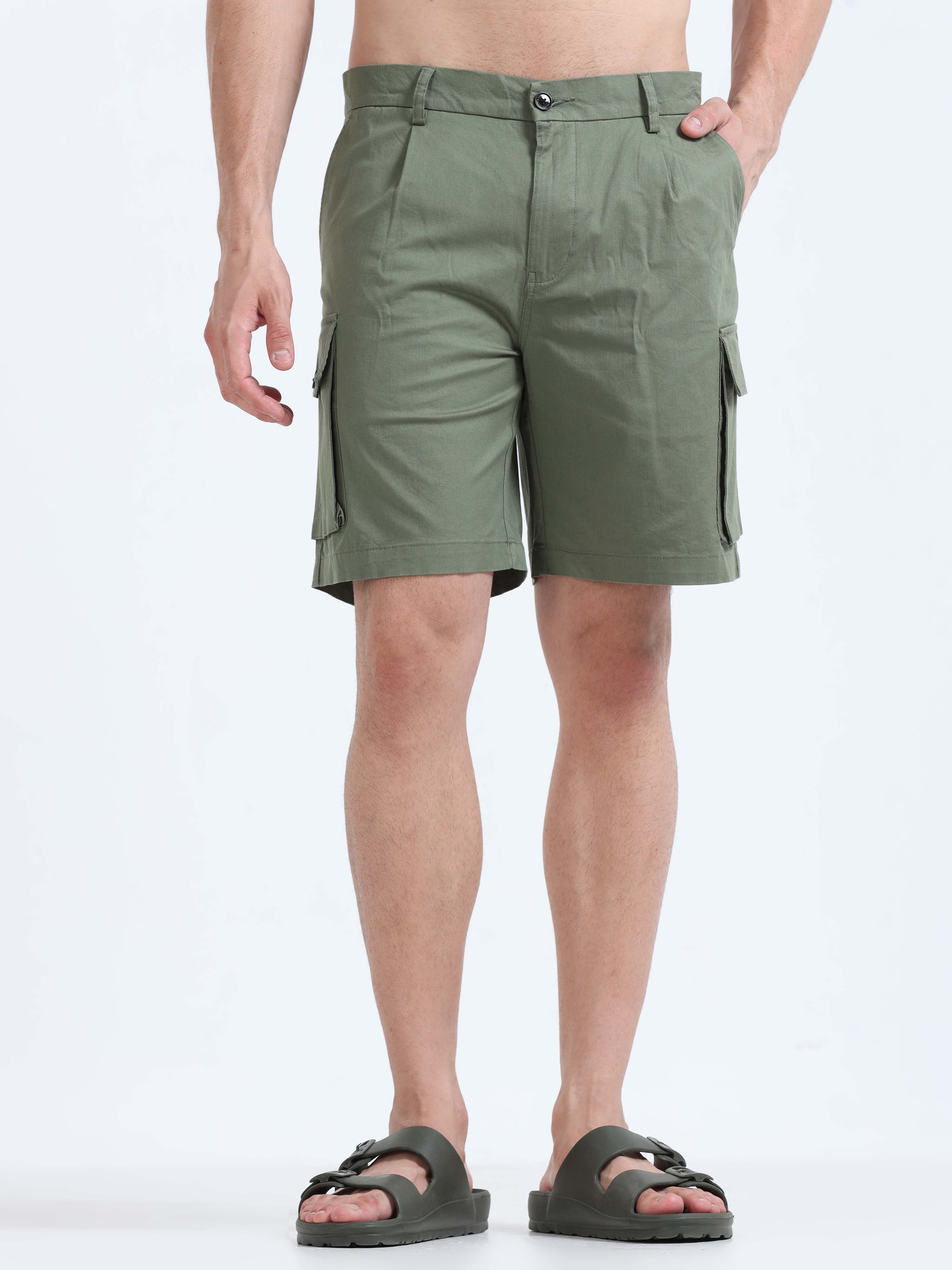 Soft Cotton Pleated Olive Cargo Shorts for men