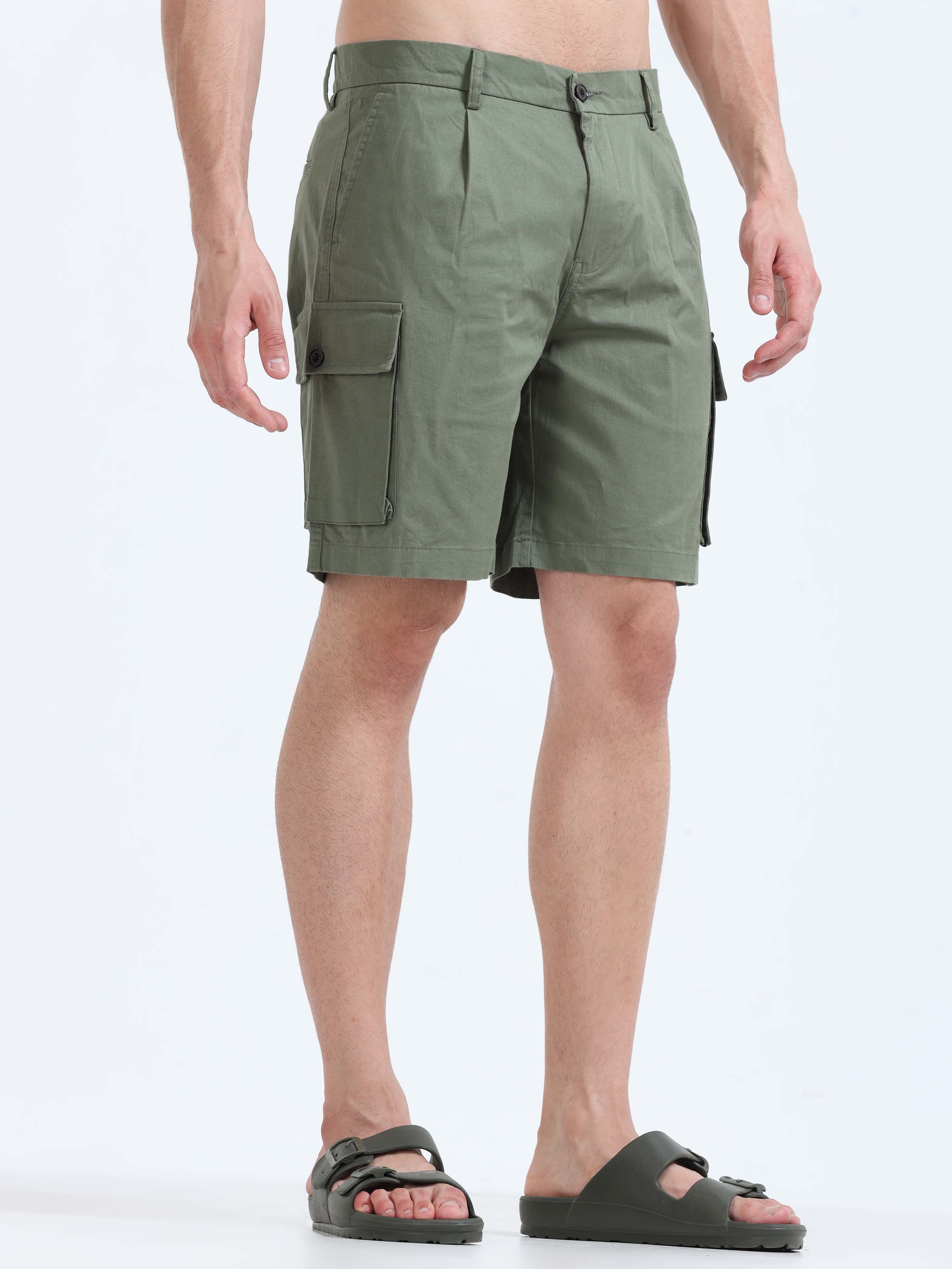 Soft Cotton Pleated Olive Cargo Shorts for men