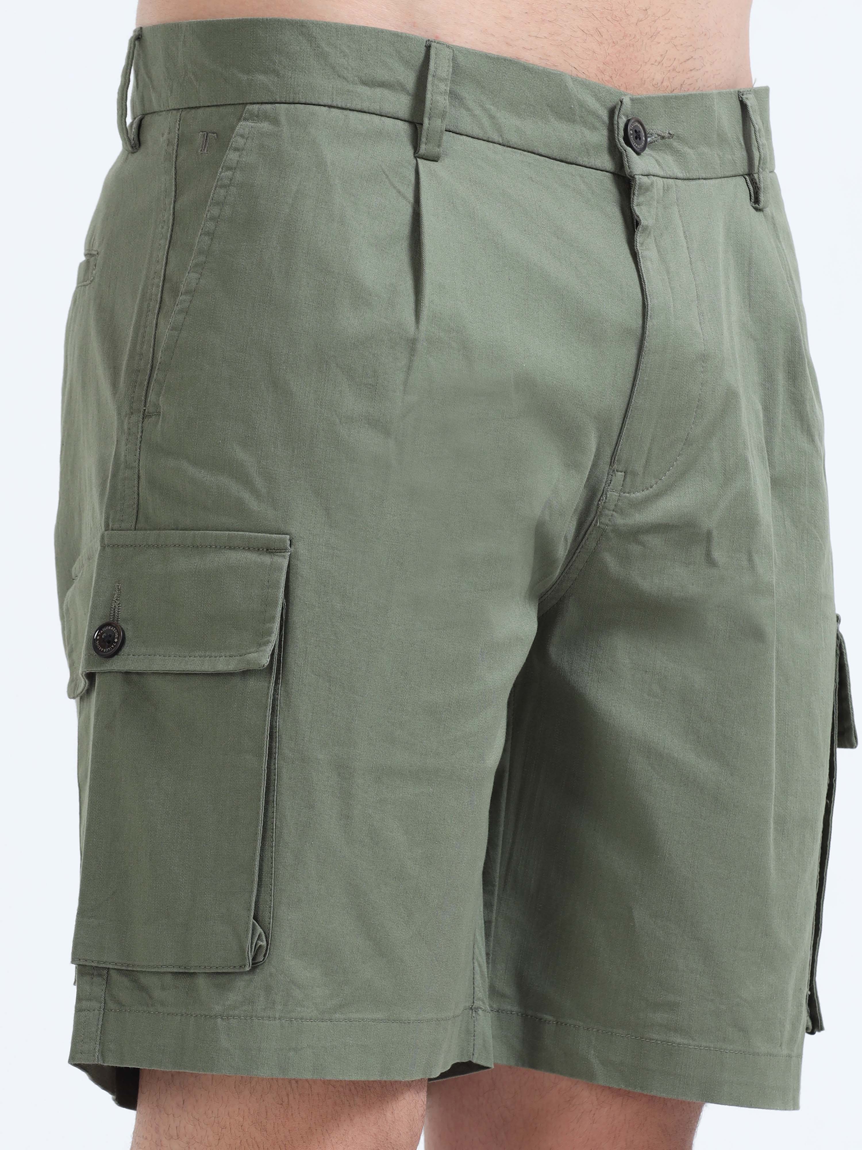 Soft Cotton Pleated Olive Cargo Shorts for men