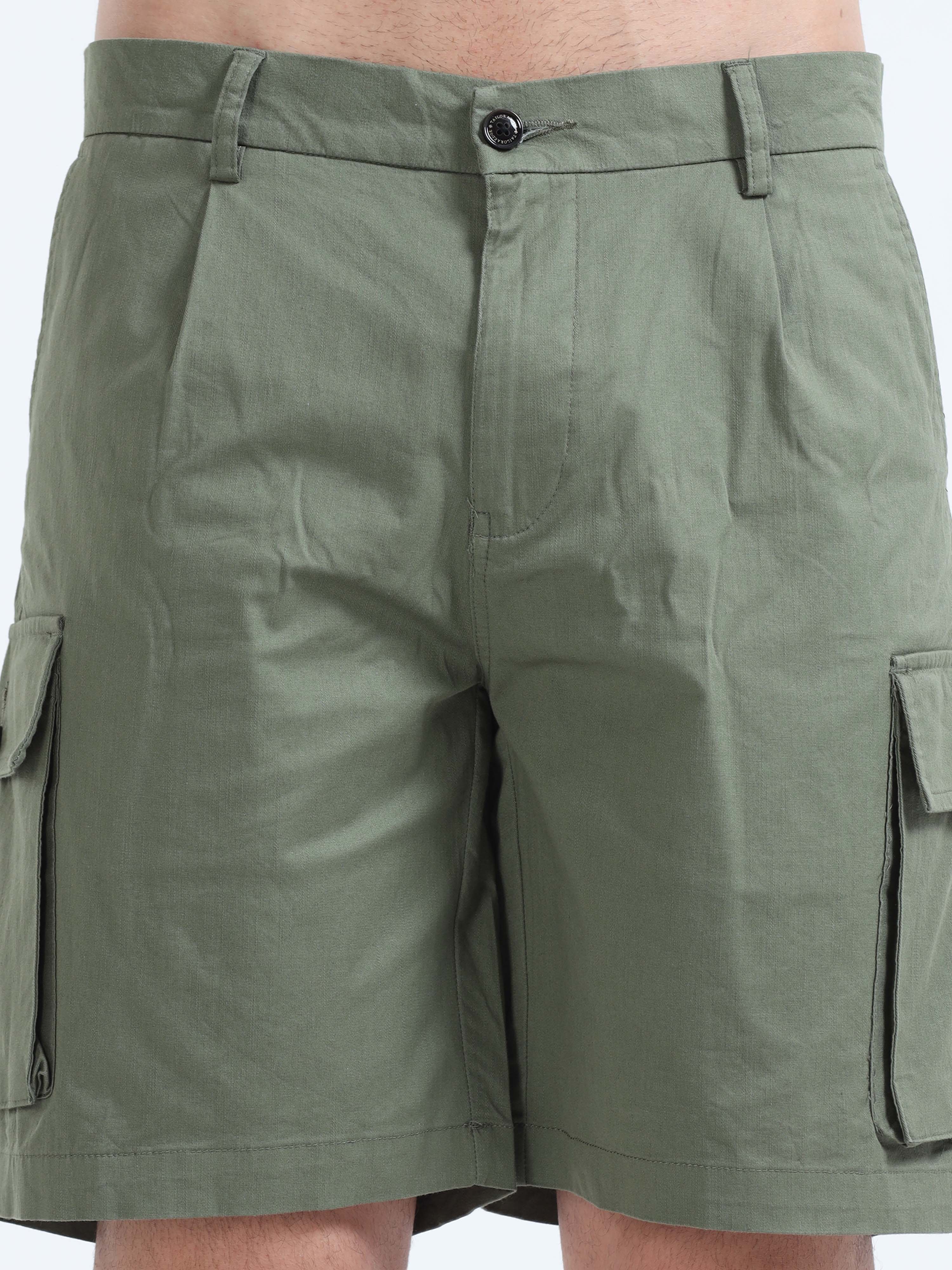 Soft Cotton Pleated Olive Cargo Shorts for men