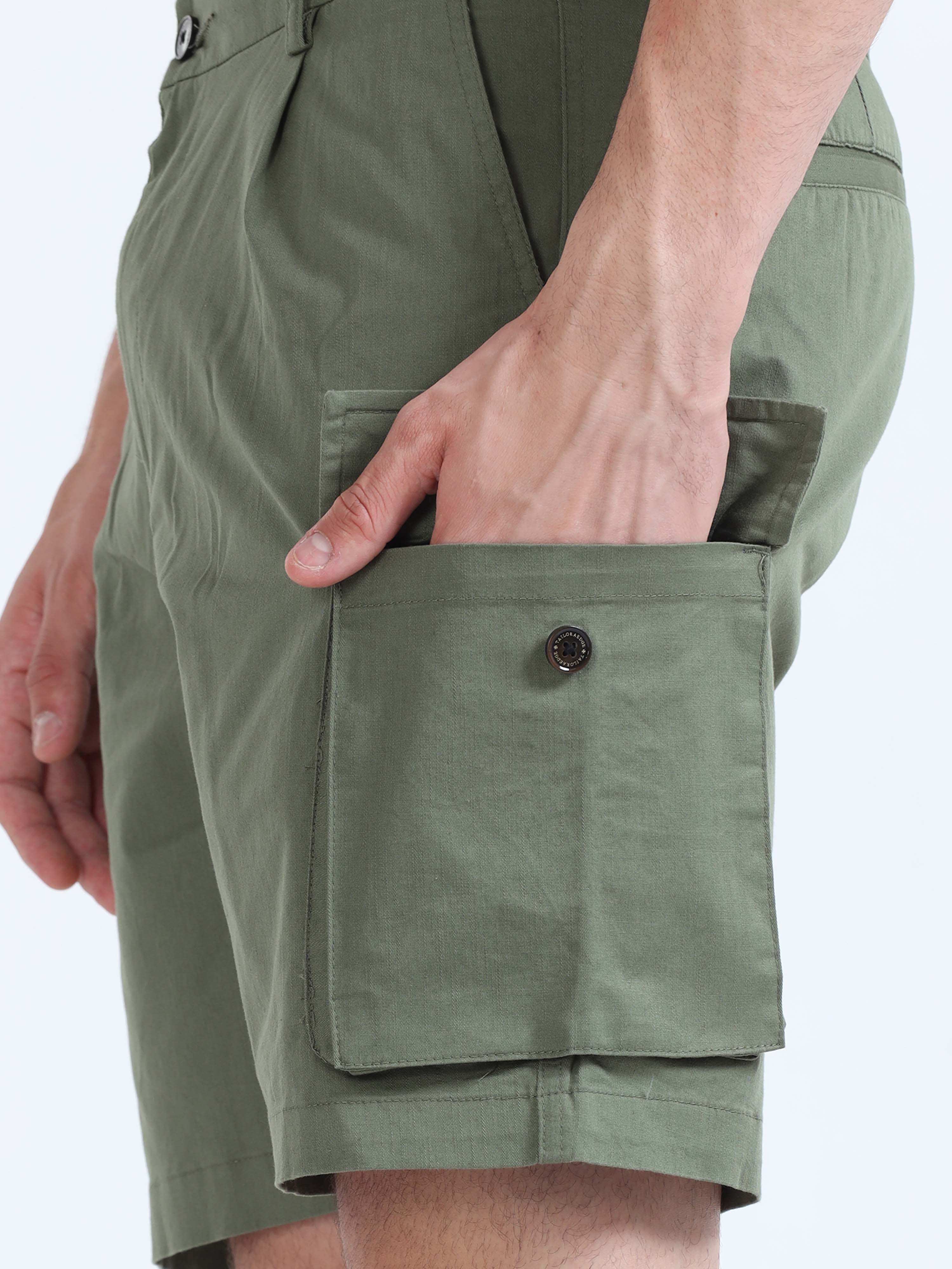 Soft Cotton Pleated Olive Cargo Shorts for men