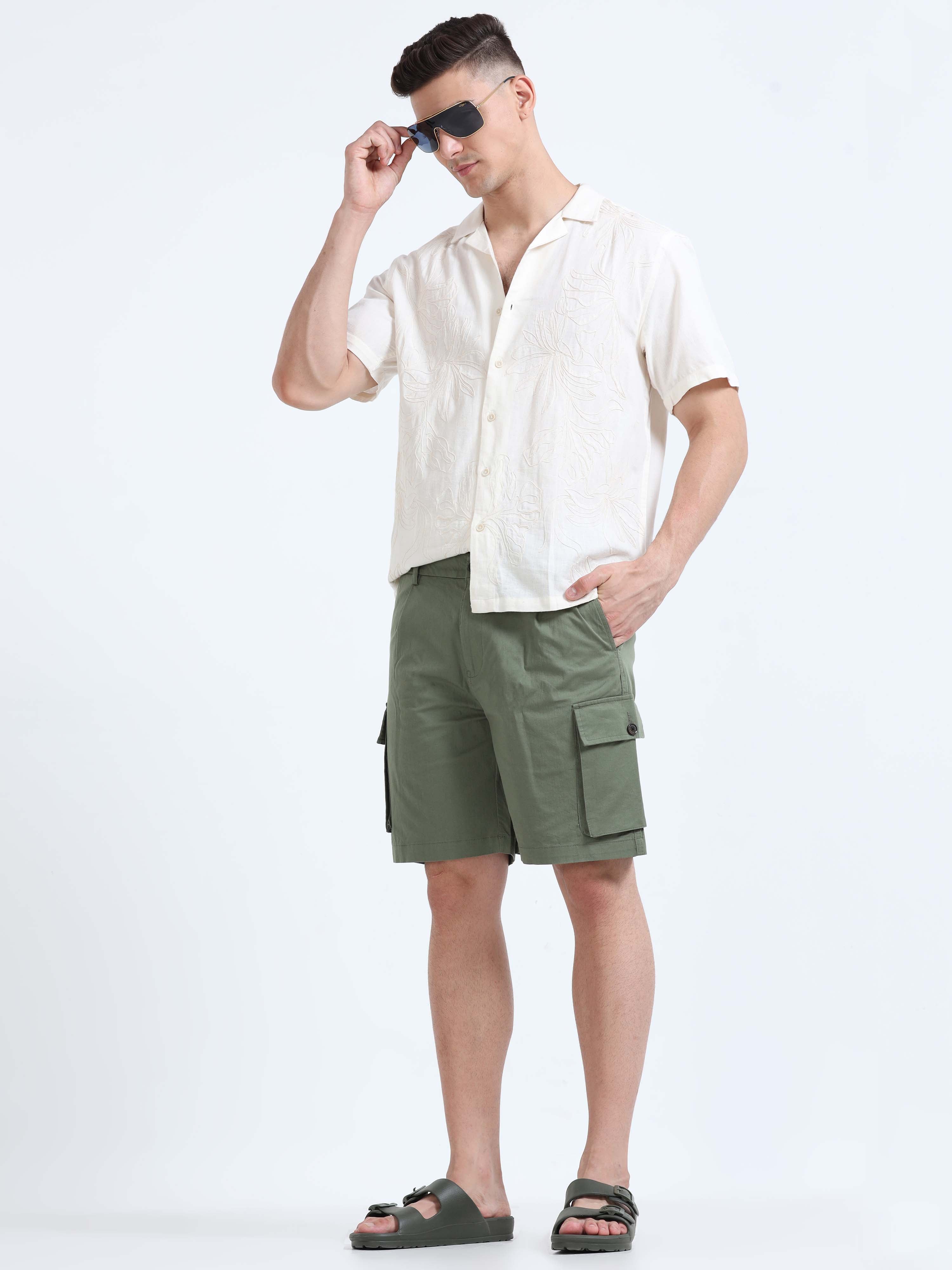 Soft Cotton Pleated Olive Cargo Shorts for men