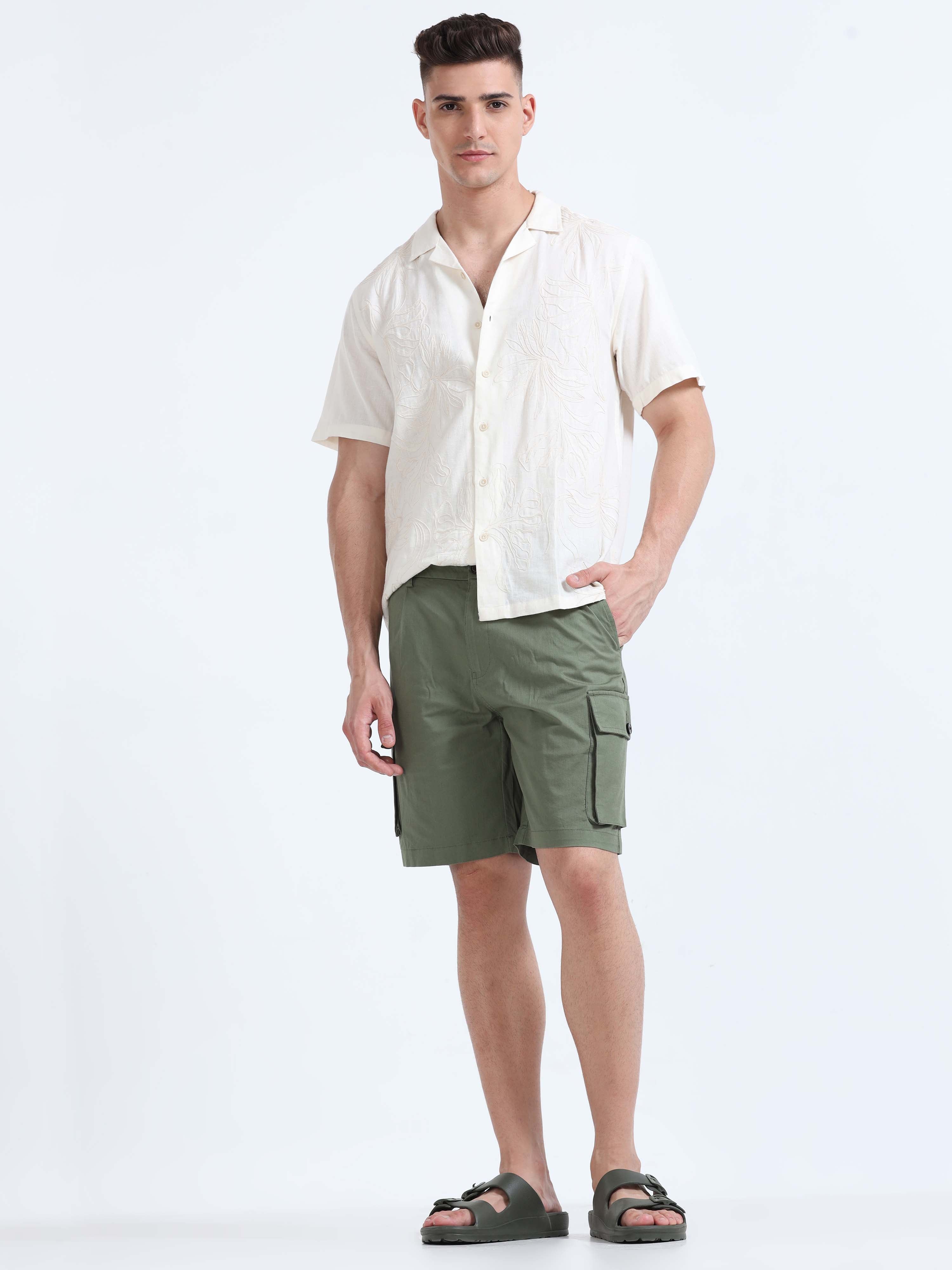 Soft Cotton Pleated Olive Cargo Shorts for men