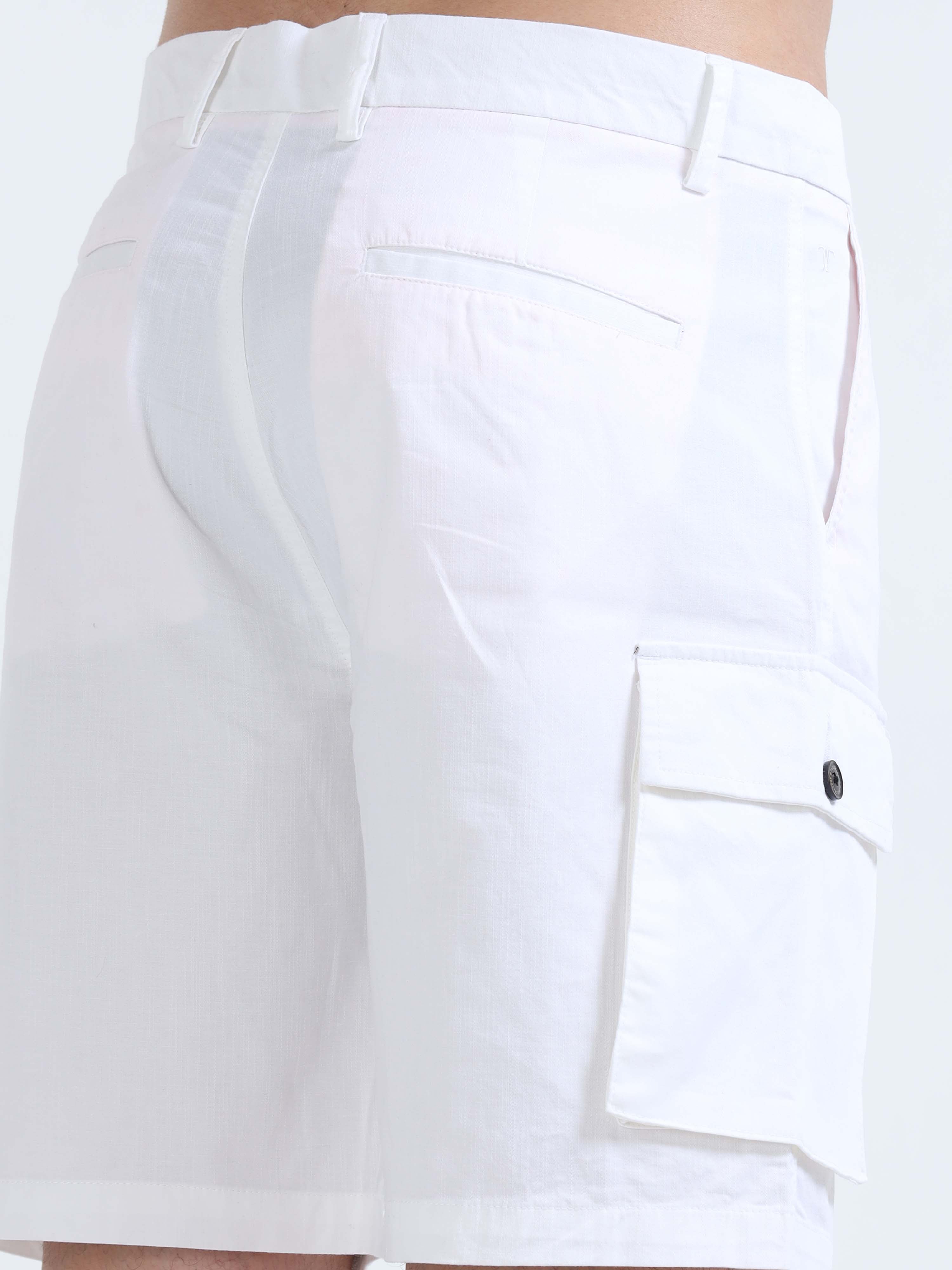 Soft Cotton Pleated White Cargo Shorts