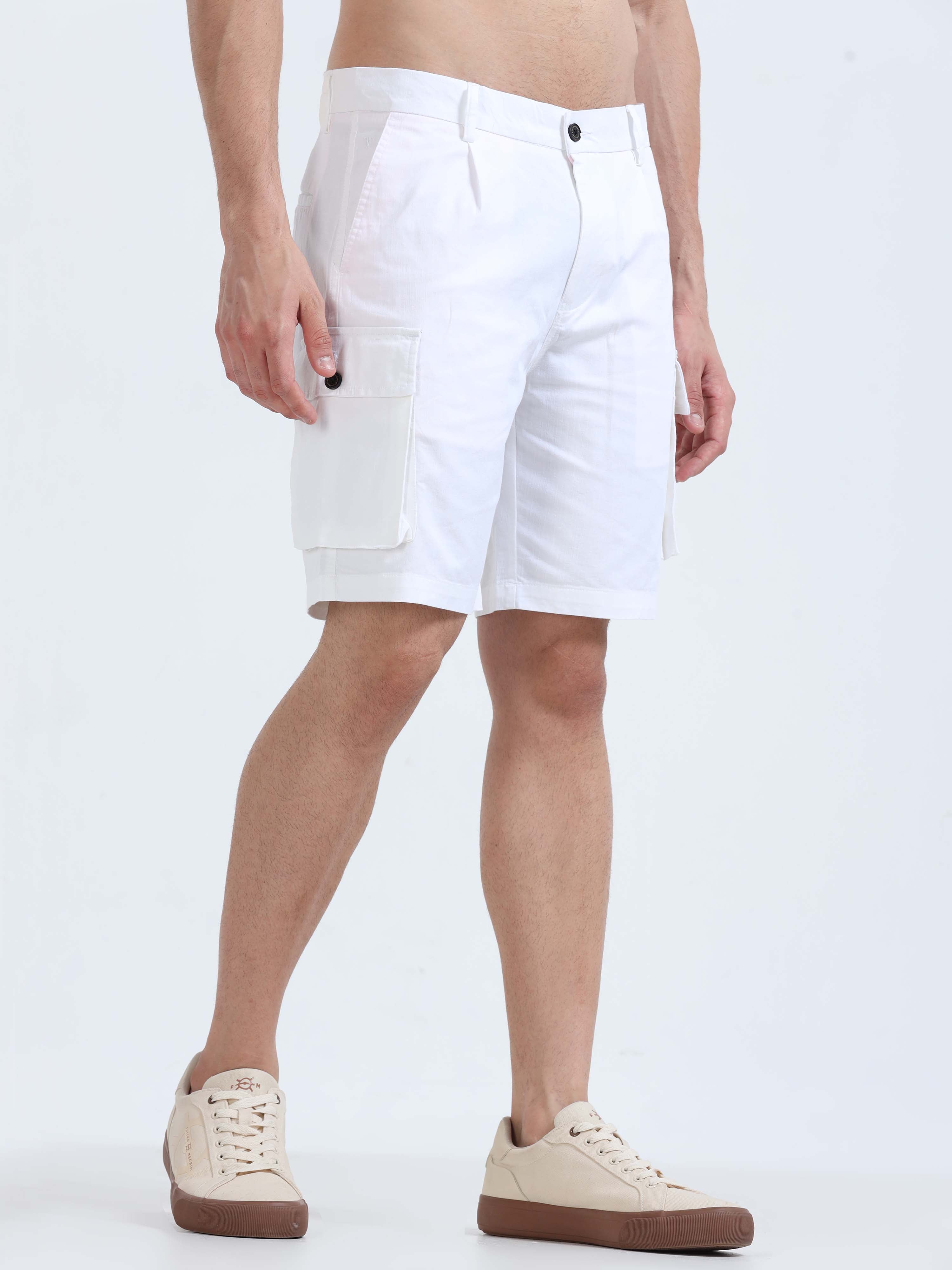 Soft Cotton Pleated White Cargo Shorts