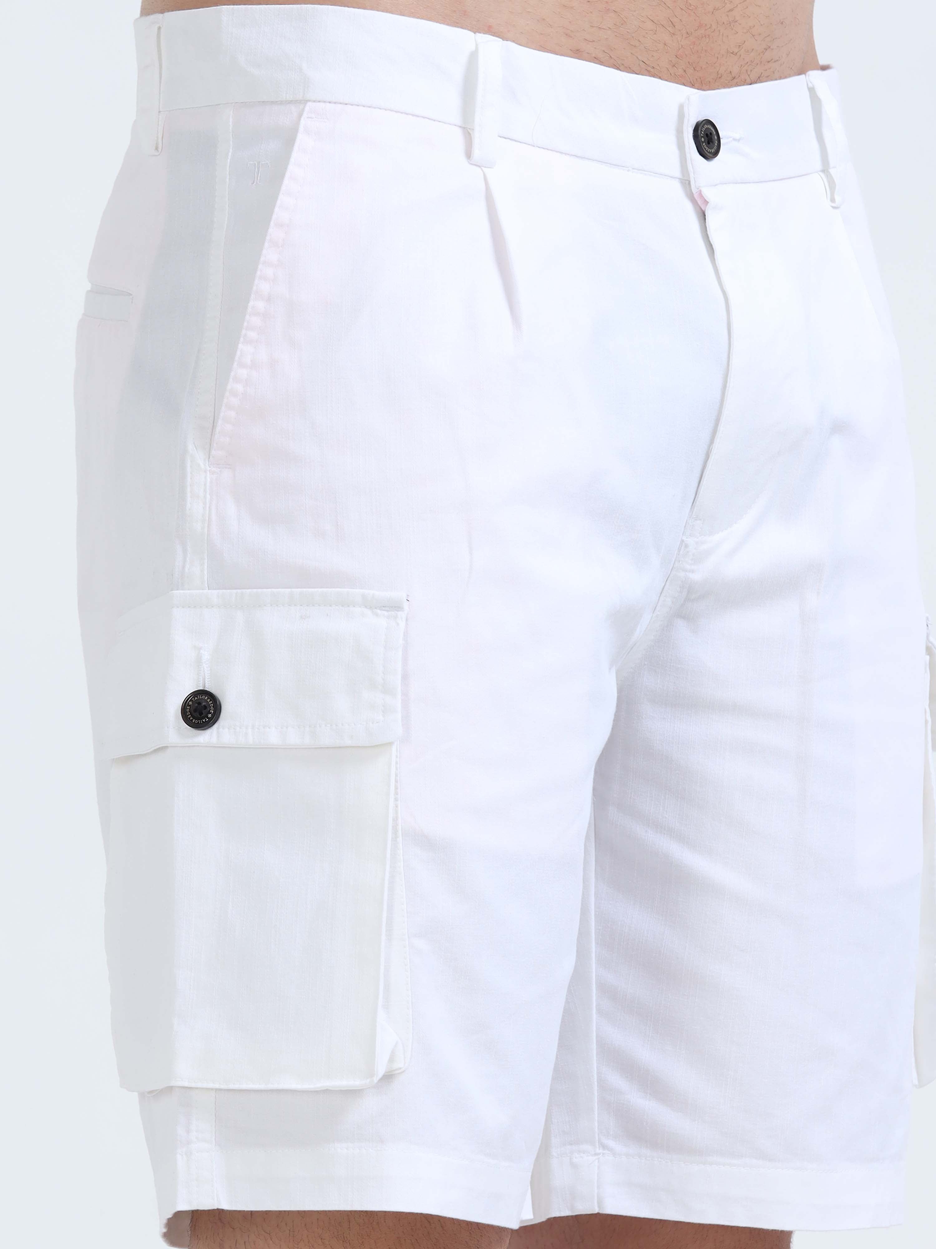 Soft Cotton Pleated White Cargo Shorts