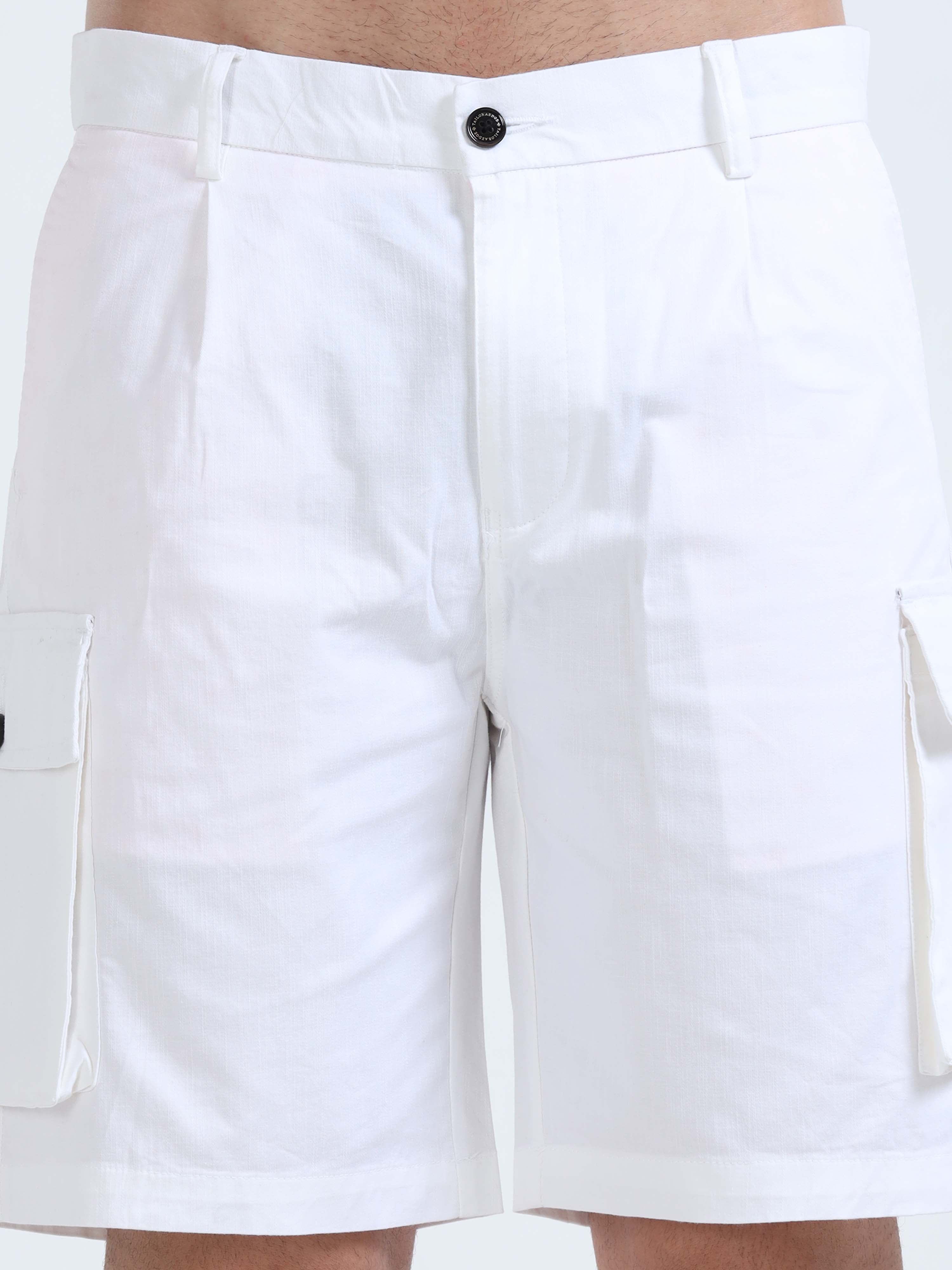 Soft Cotton Pleated White Cargo Shorts