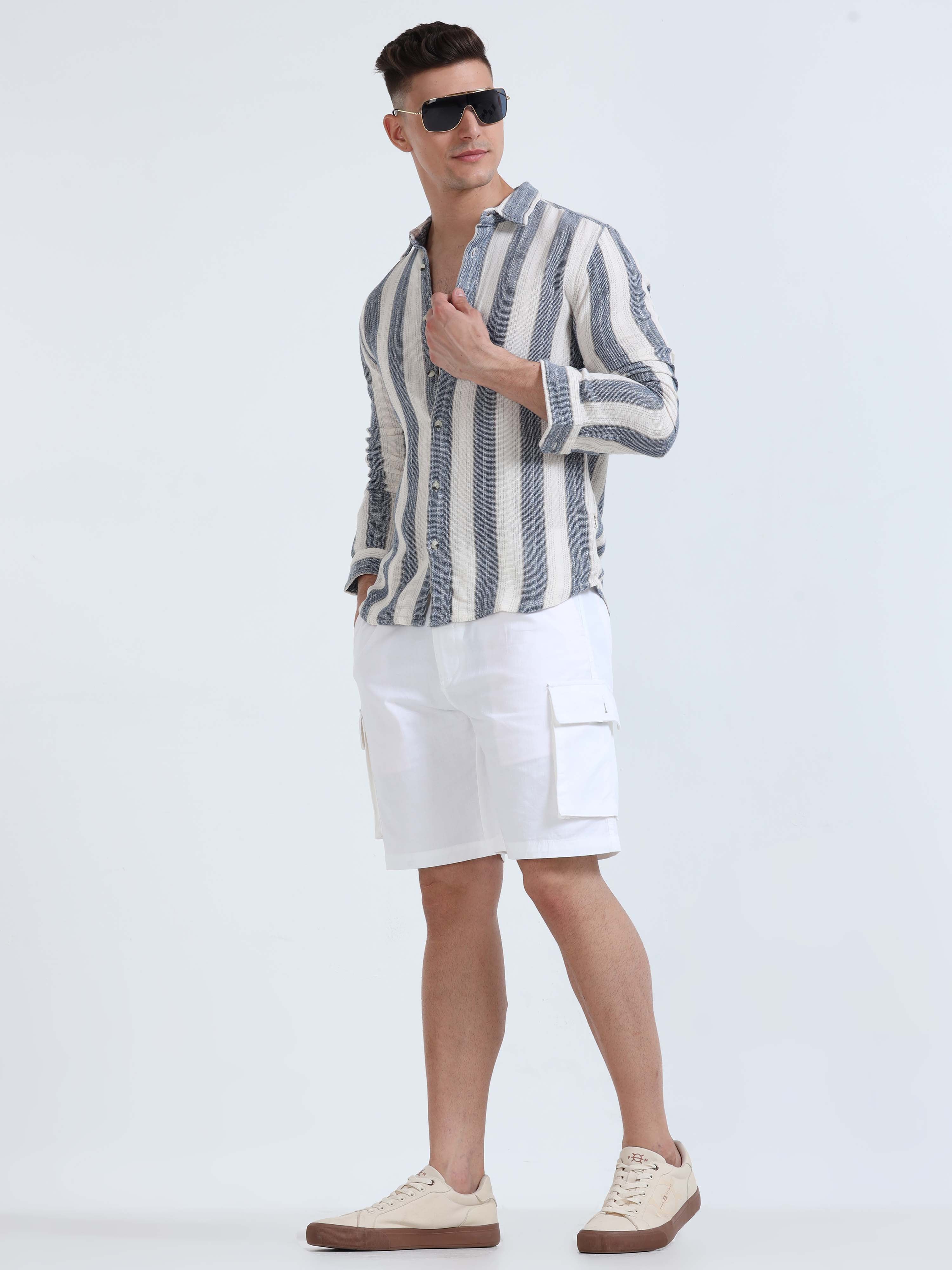 Soft Cotton Pleated White Cargo Shorts