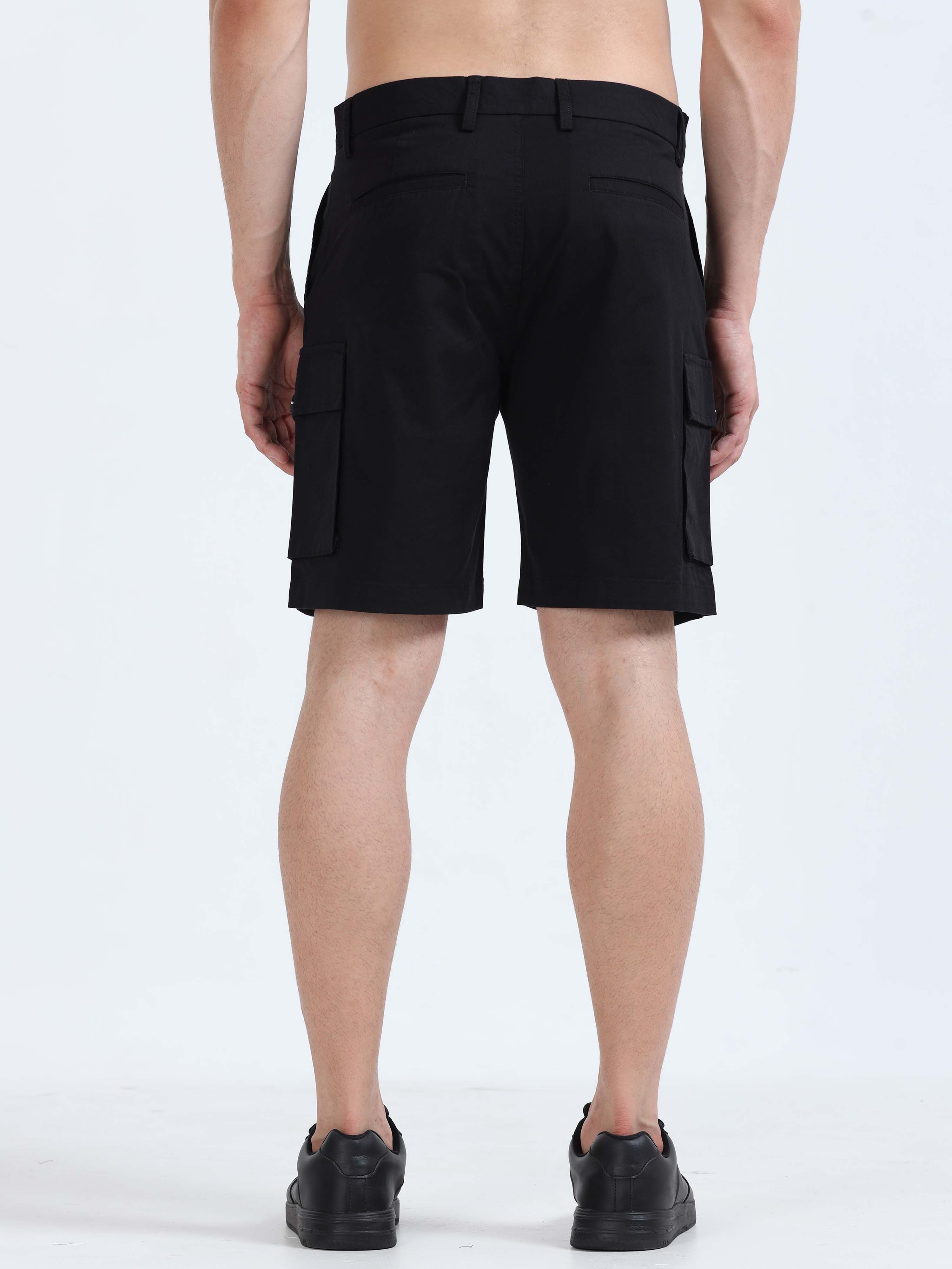 Soft Cotton Pleated Black Cargo Shorts