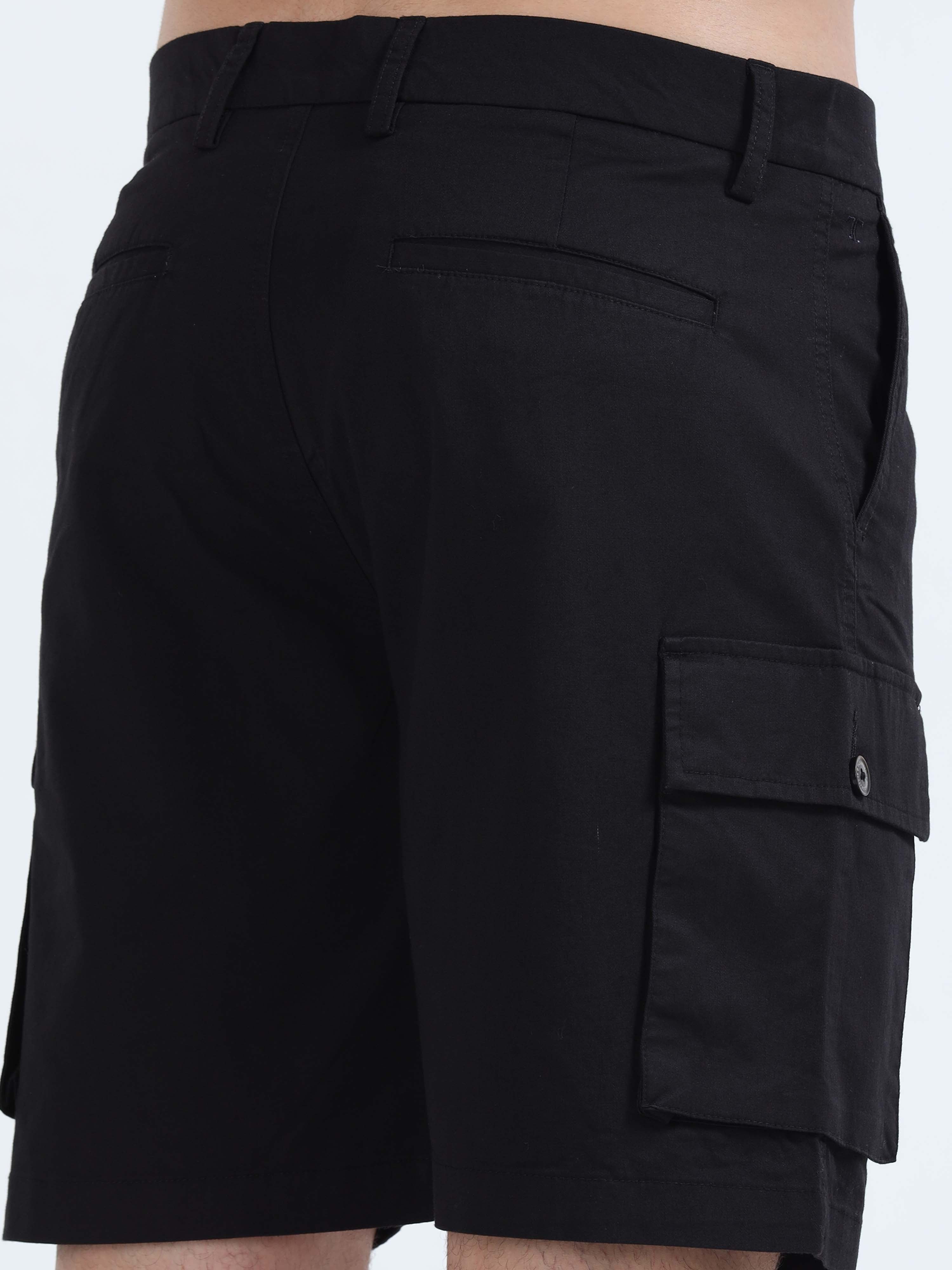 Soft Cotton Pleated Black Cargo Shorts for Men
