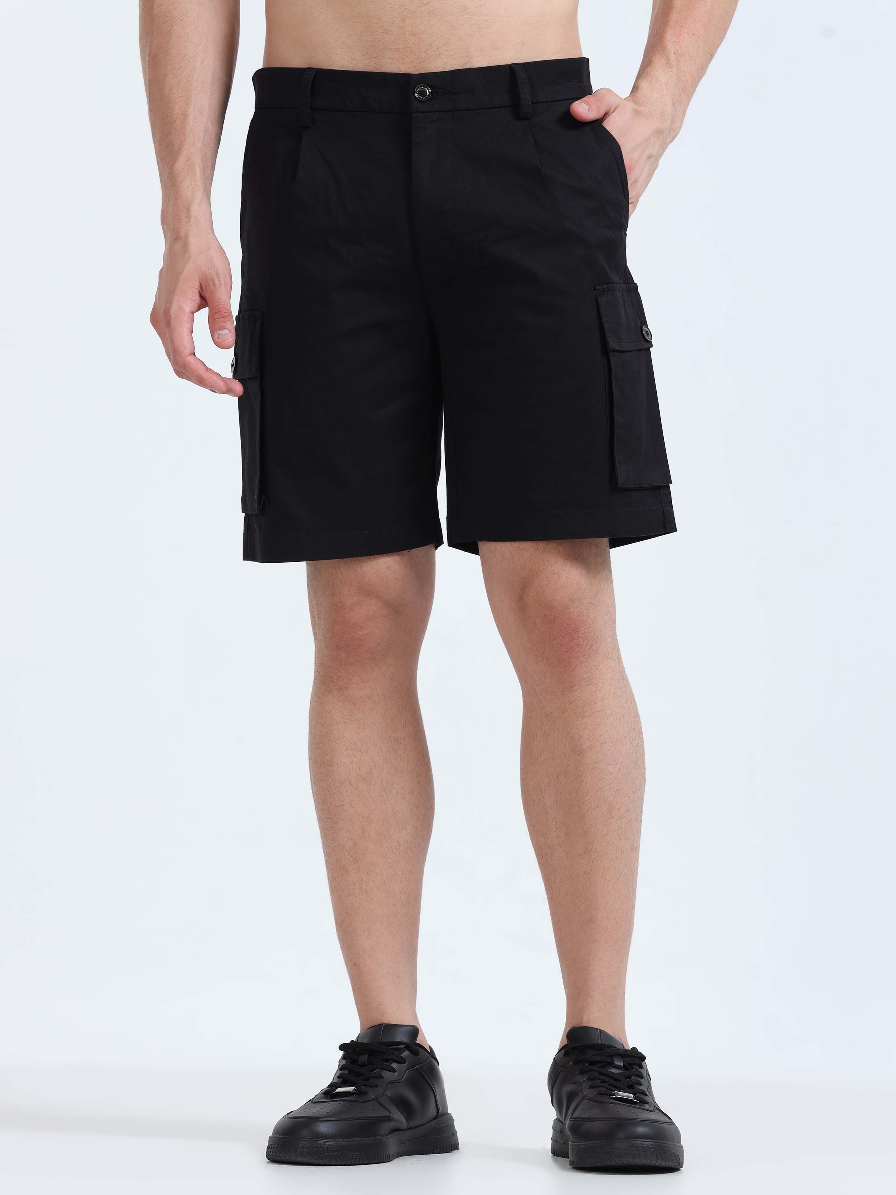 Soft Cotton Pleated Black Cargo Shorts