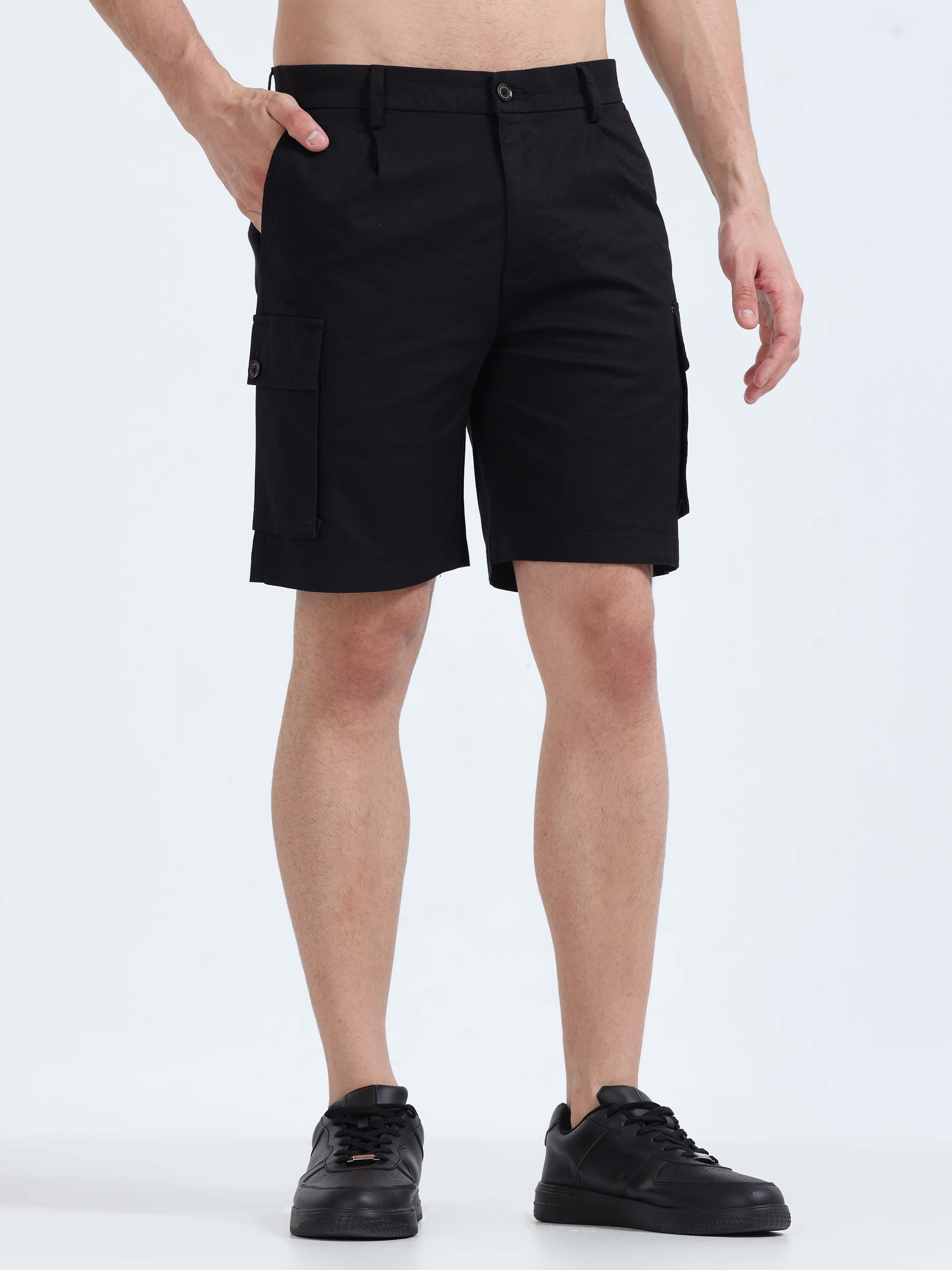 Soft Cotton Pleated Black Cargo Shorts