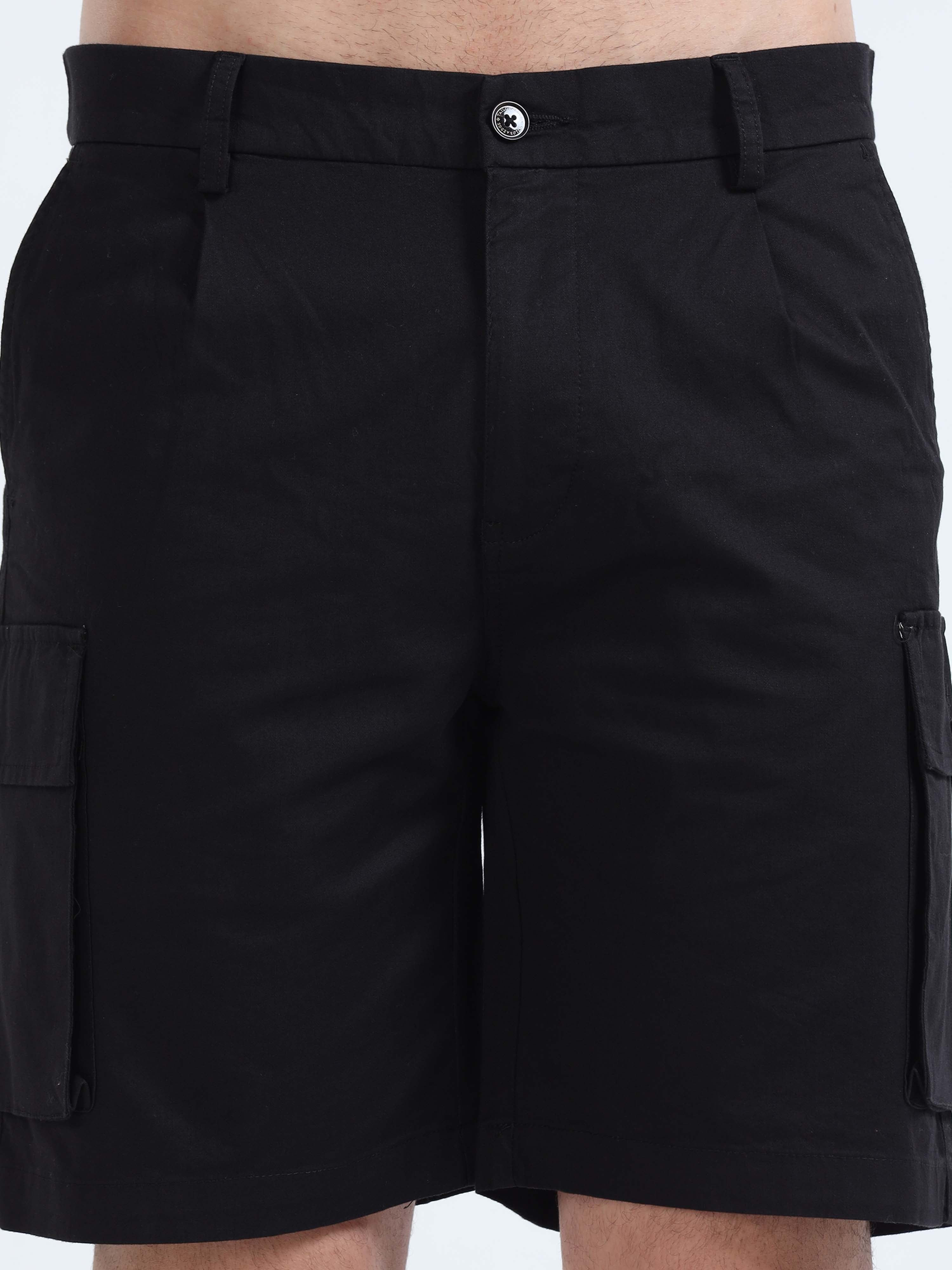 Soft Cotton Pleated Black Cargo Shorts for Men