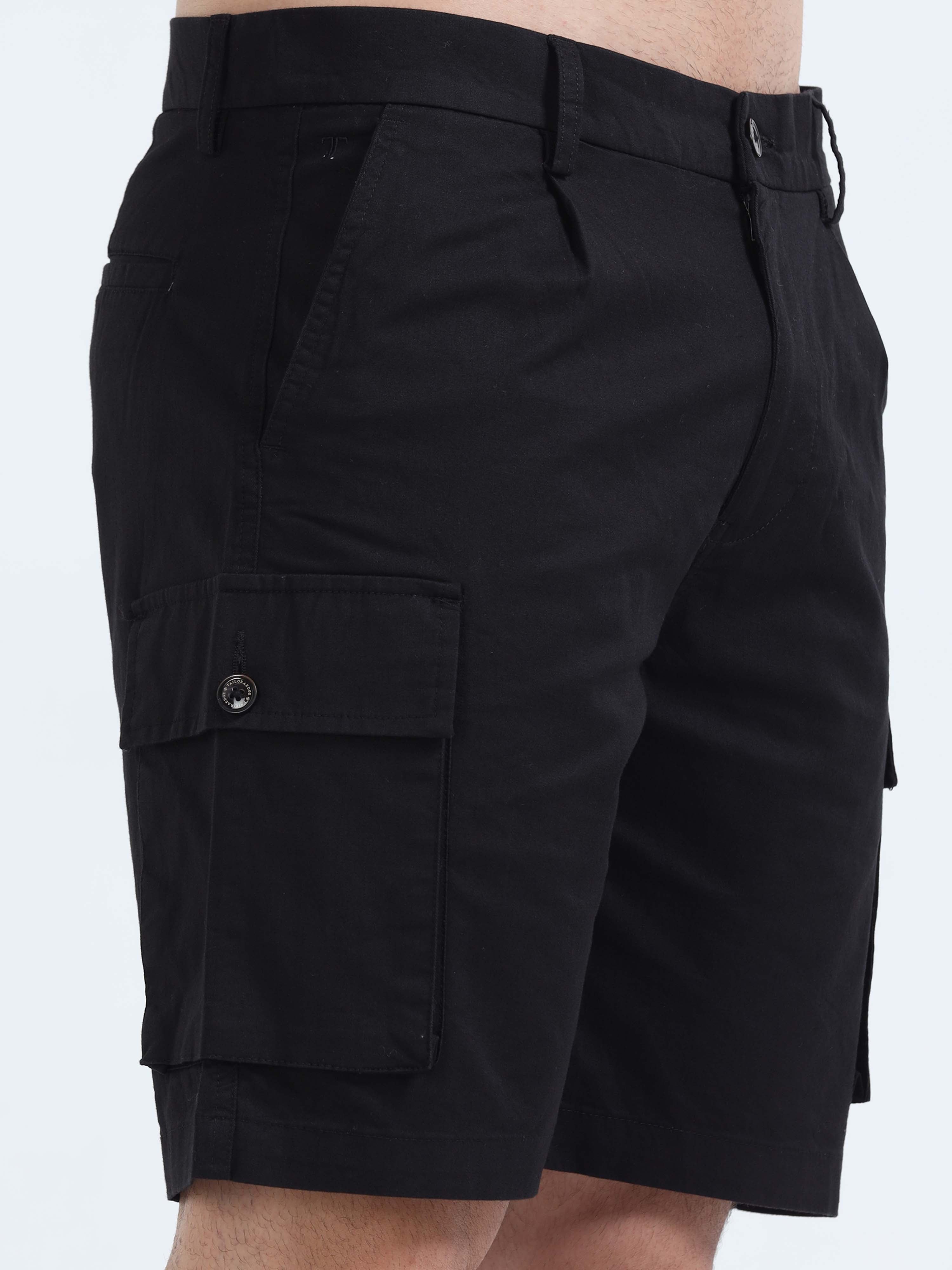 Soft Cotton Pleated Black Cargo Shorts for Men