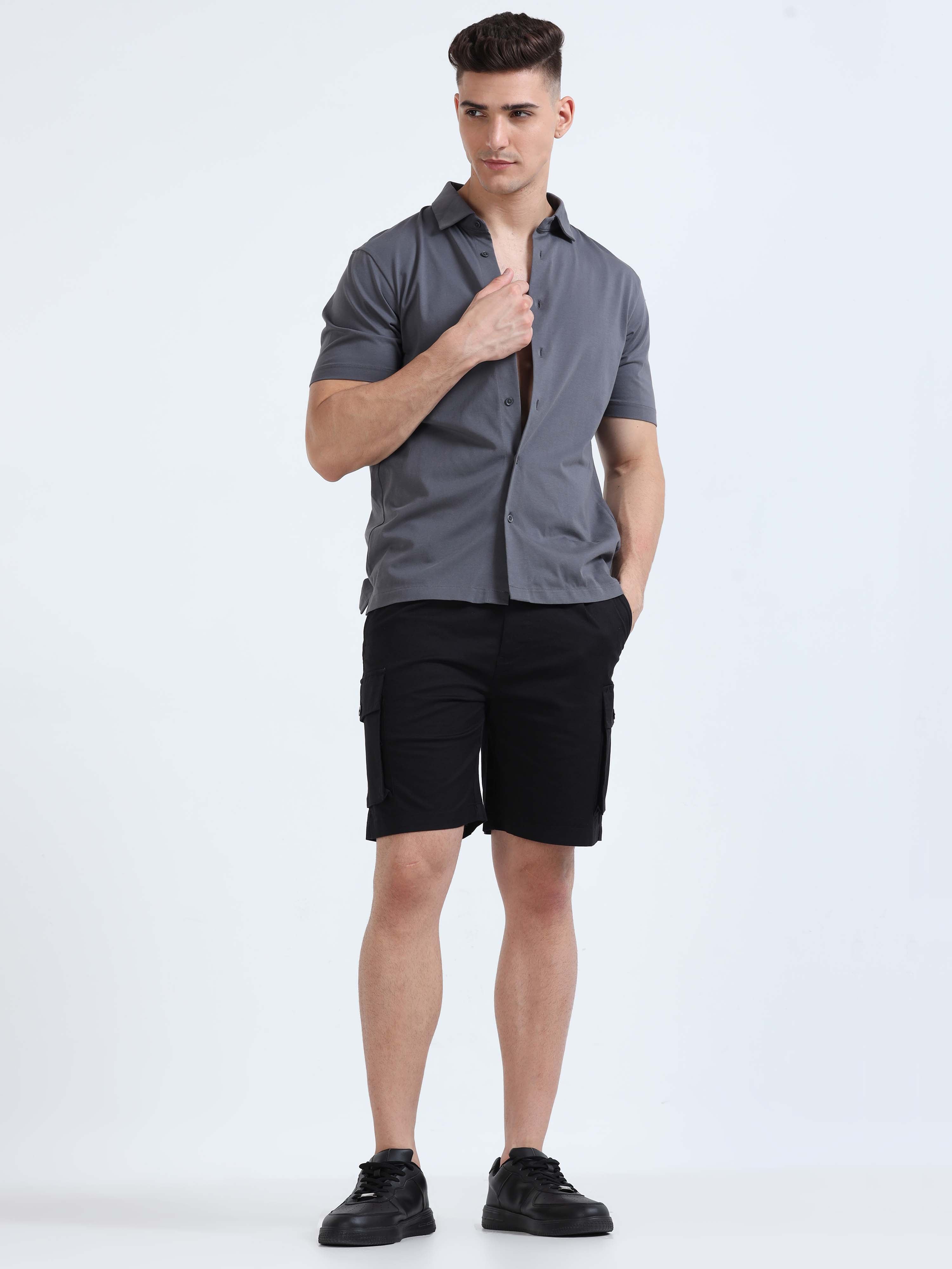 Soft Cotton Pleated Black Cargo Shorts