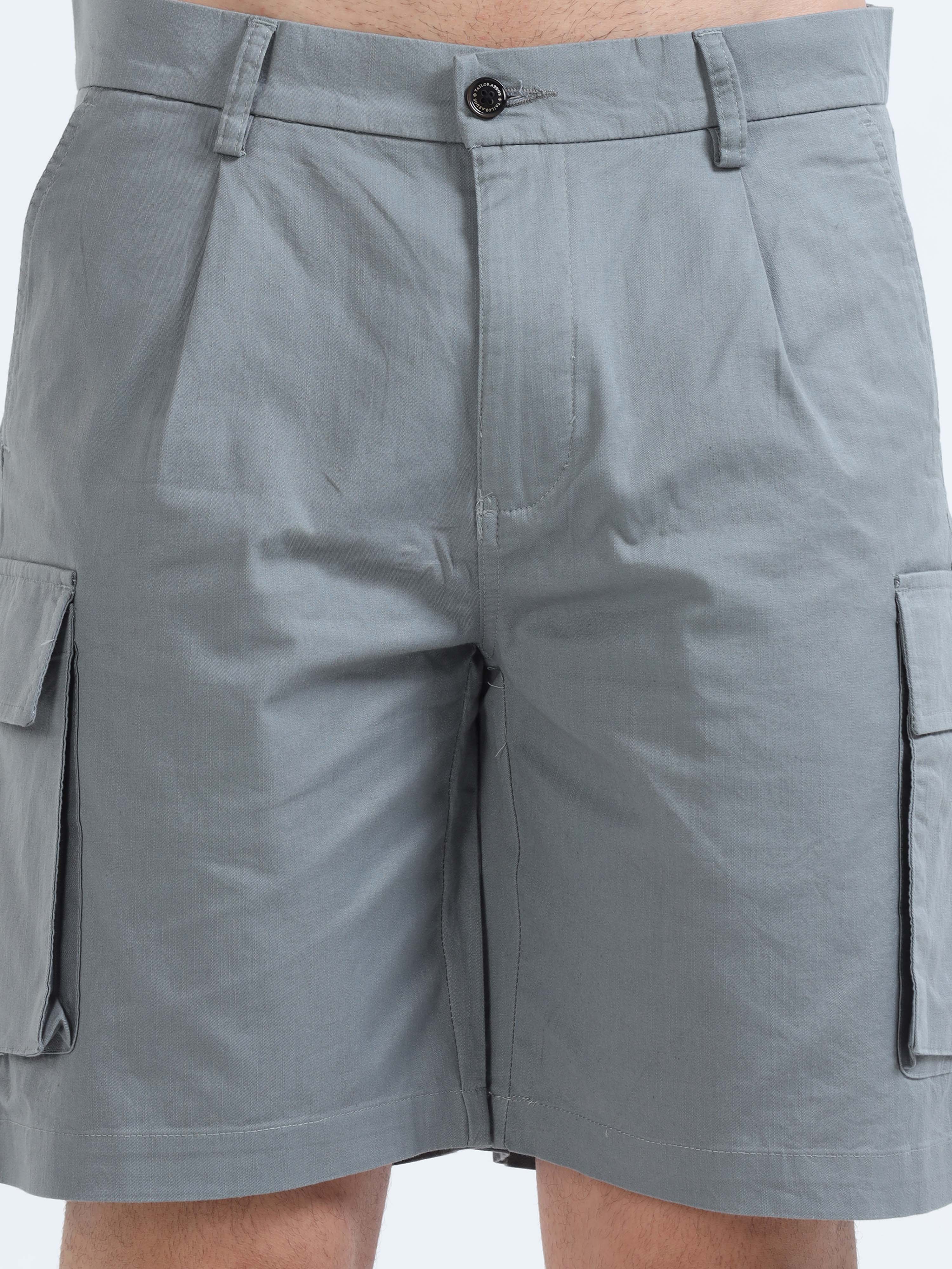 Soft Cotton Pleated Steel Grey Cargo Shorts
