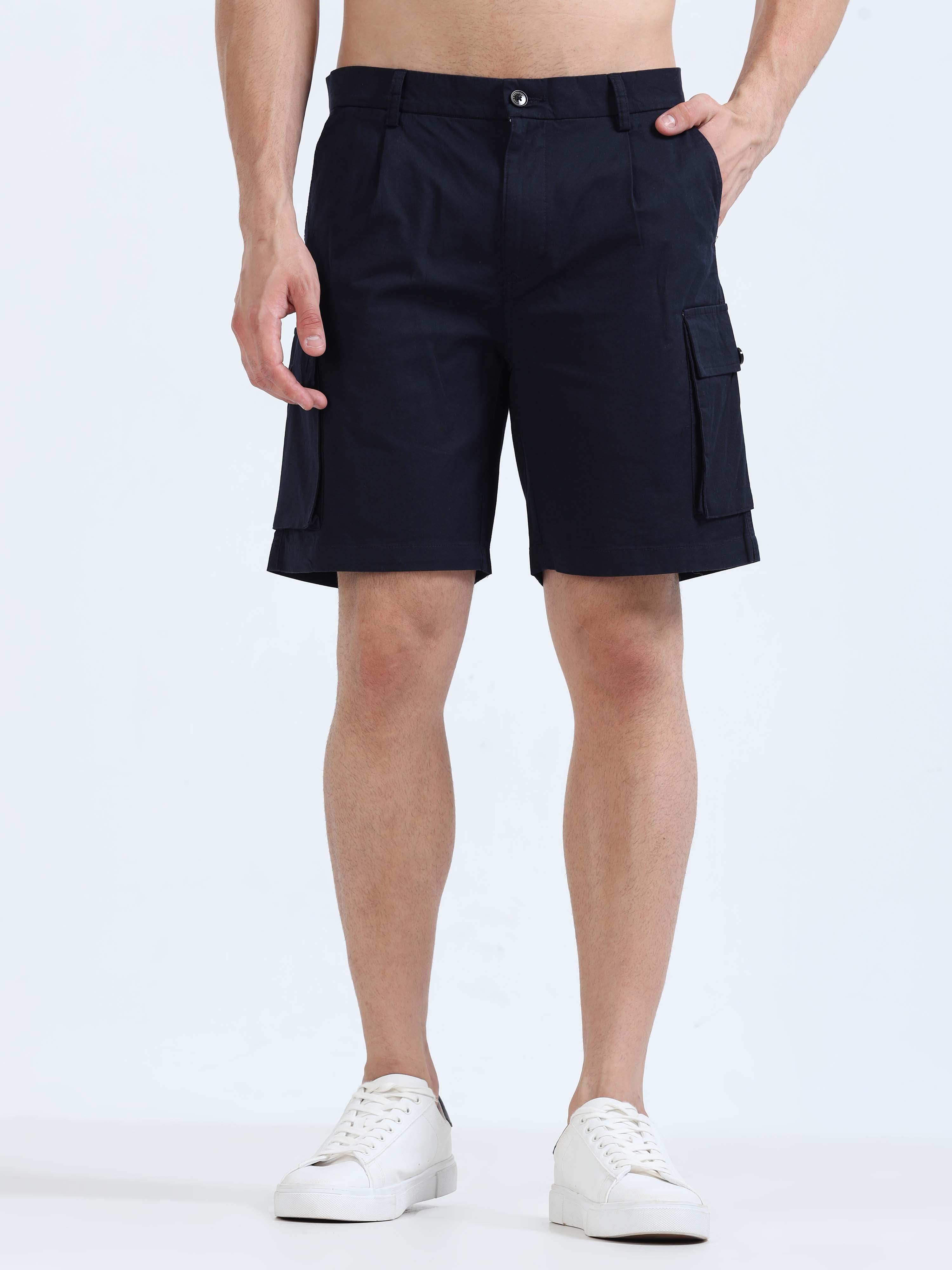 Soft Cotton Pleated Navy Cargo Shorts for Men