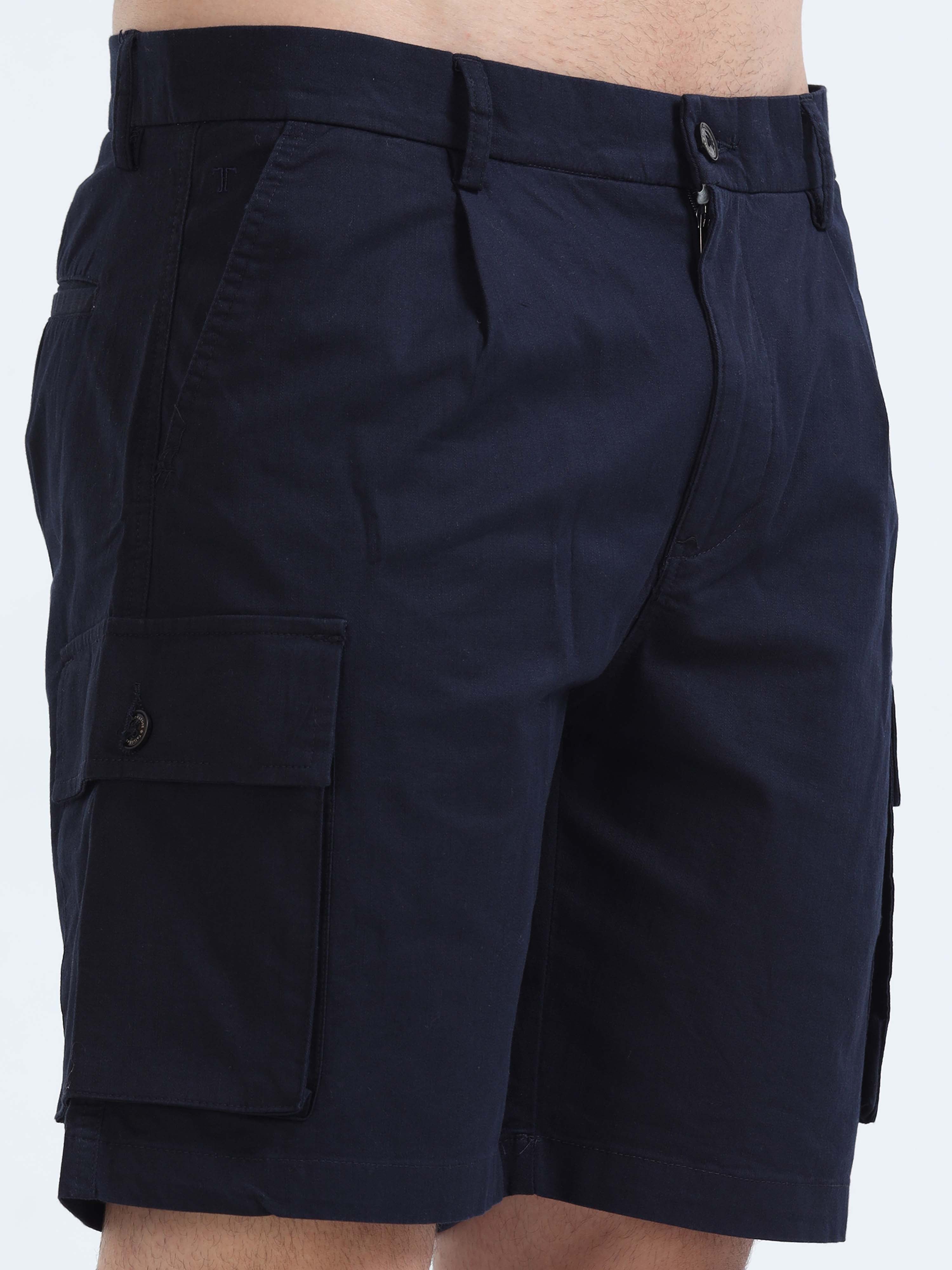 Soft Cotton Pleated Navy Cargo Shorts for Men
