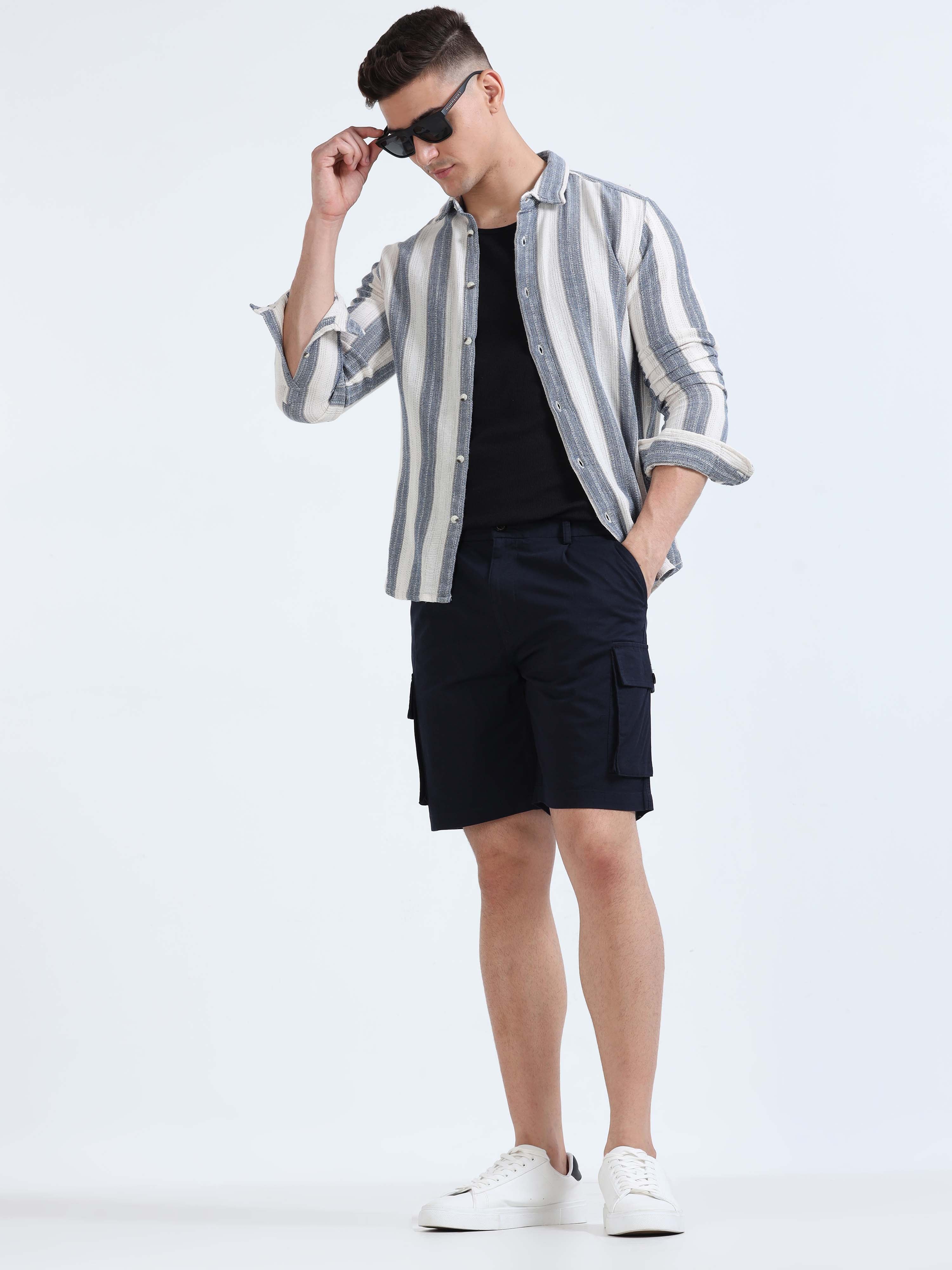 Soft Cotton Pleated Navy Cargo Shorts for Men