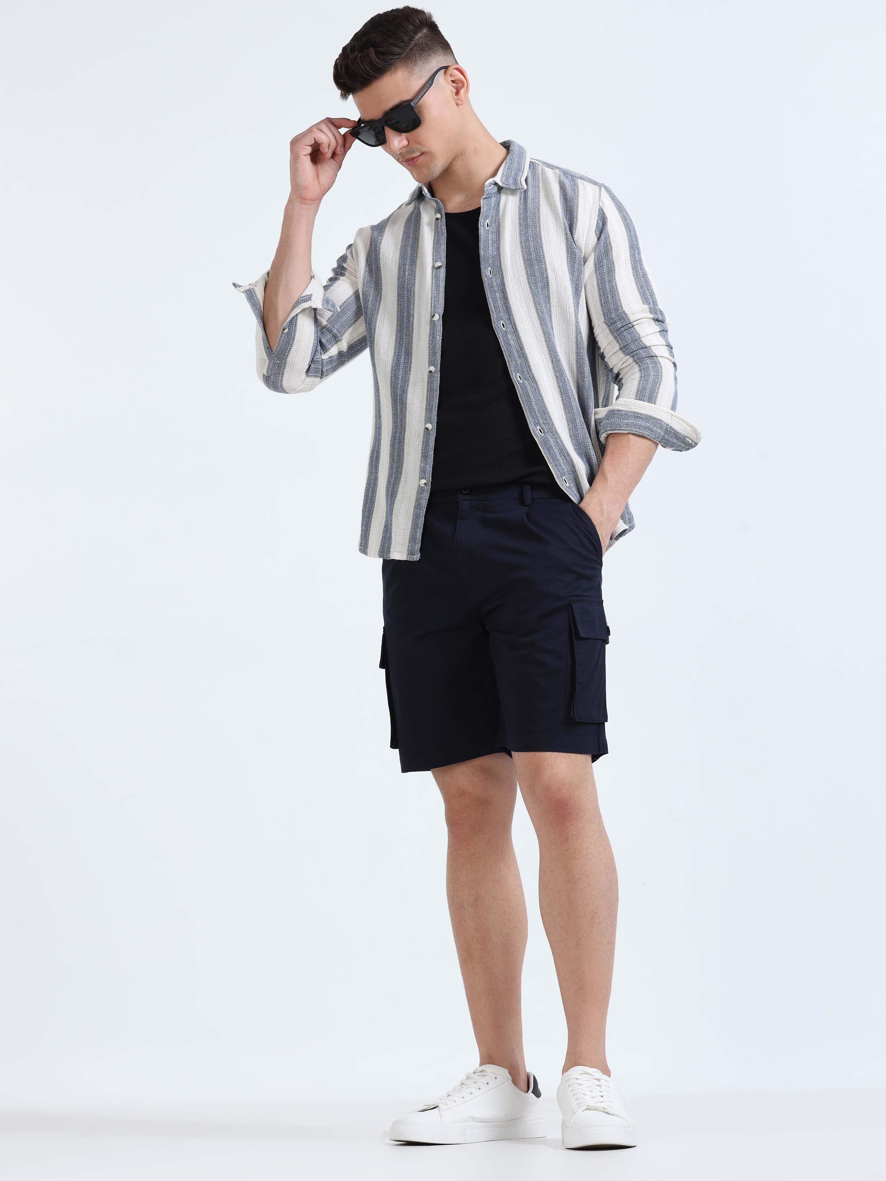 Soft Cotton Pleated Navy Cargo Shorts